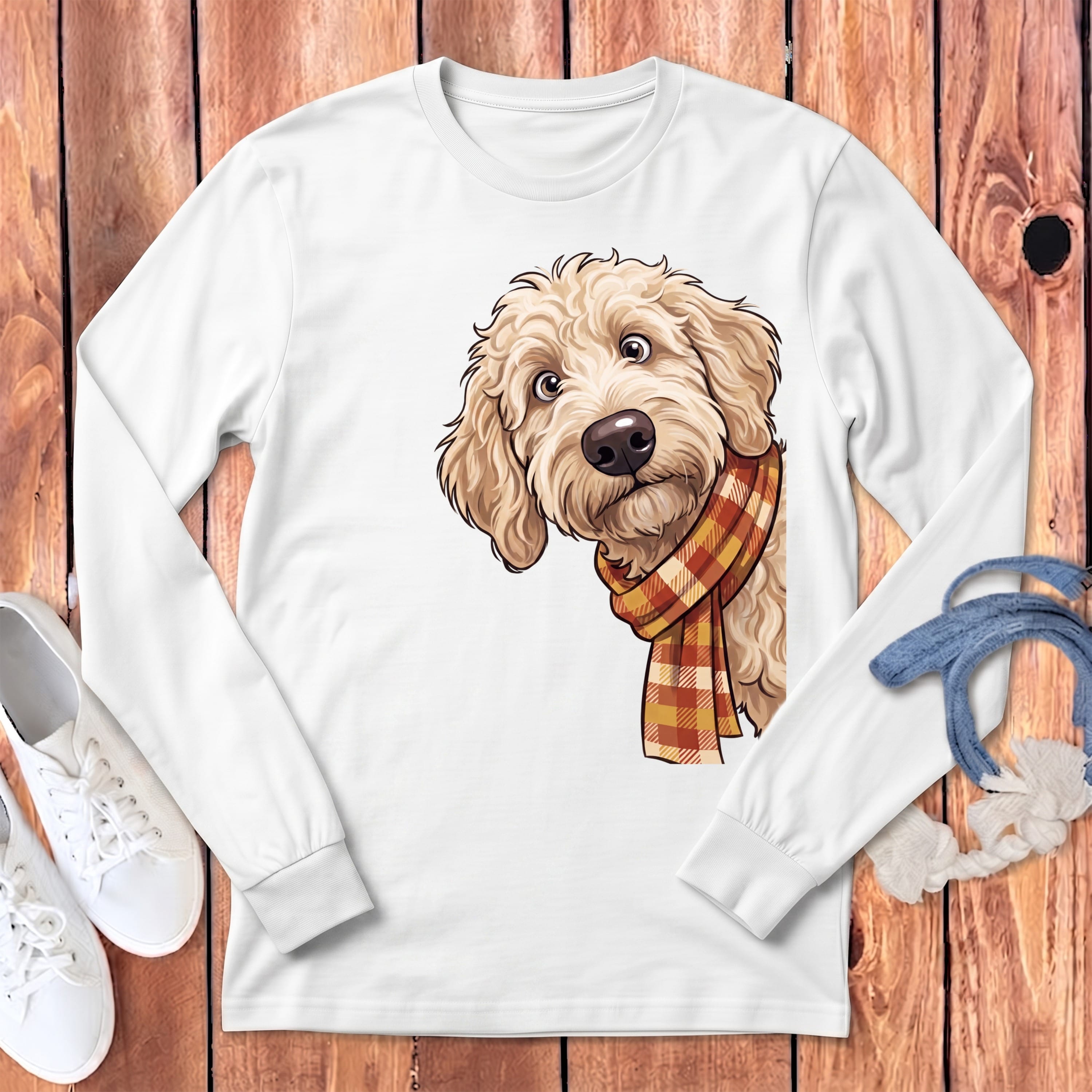 Fall Plaid Cream Goldendoodle Long Sleeve T-Shirt in White / S by Puppy Jo