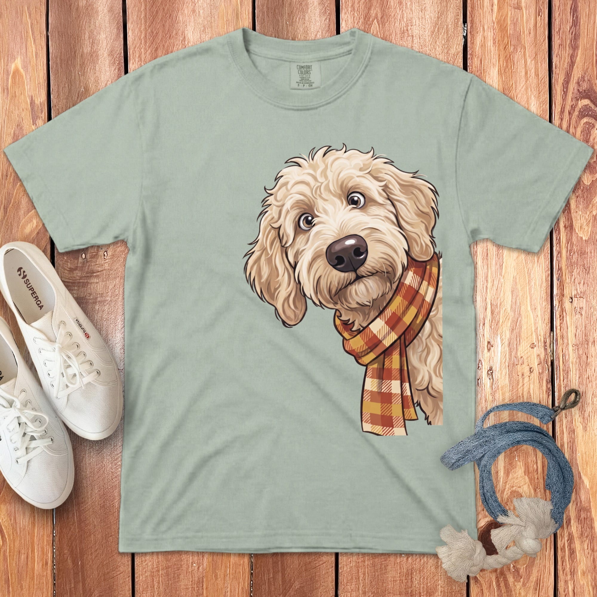 Fall Plaid Cream Goldendoodle Signature T-Shirt in Bay / S / T-Shirts by Puppy Jo