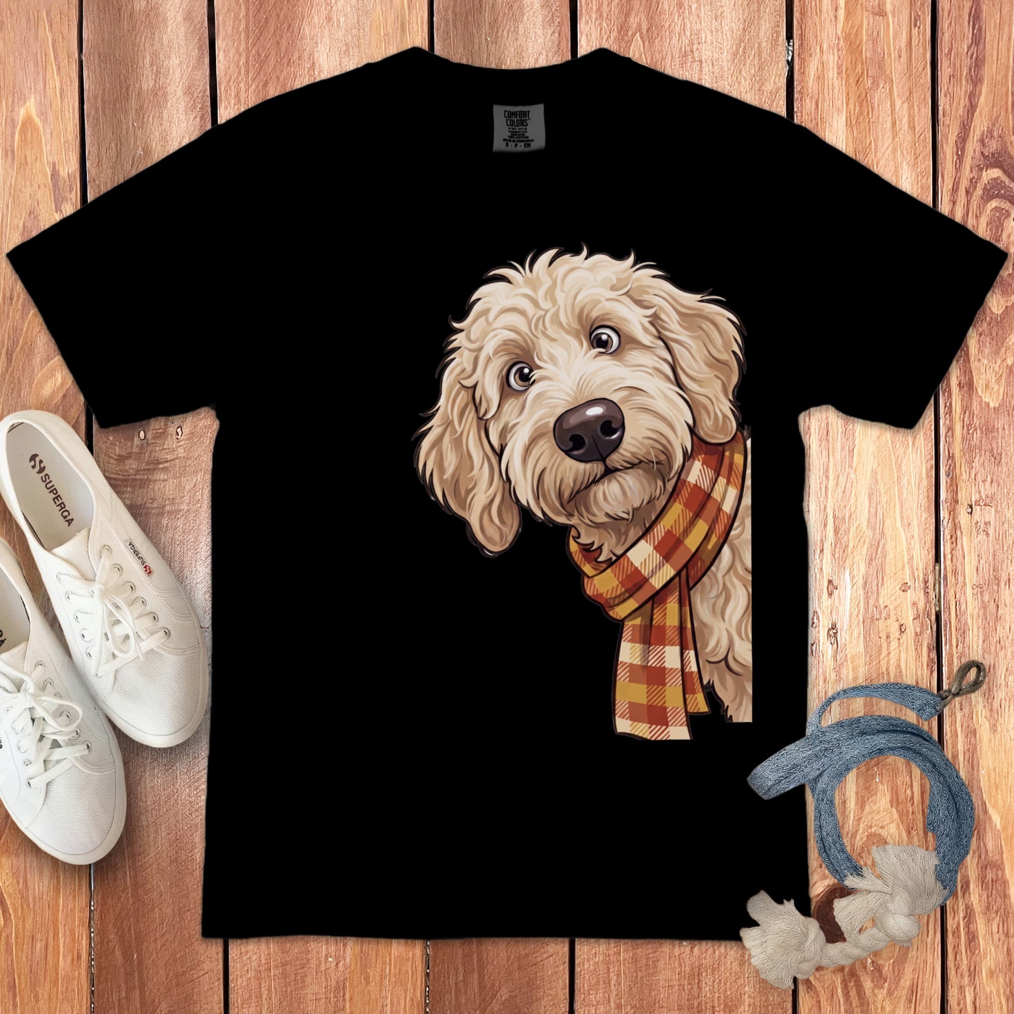 Fall Plaid Cream Goldendoodle Signature T-Shirt in Black / S / T-Shirts by Puppy Jo