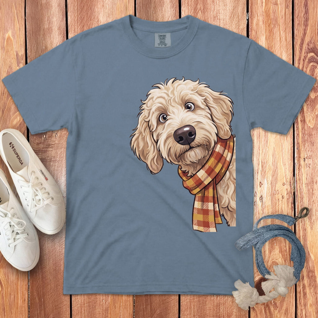 Fall Plaid Cream Goldendoodle Signature T-Shirt in Blue Jean / S / T-Shirts by Puppy Jo
