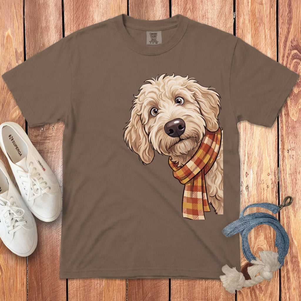 Fall Plaid Cream Goldendoodle Signature T-Shirt in Espresso / S / T-Shirts by Puppy Jo