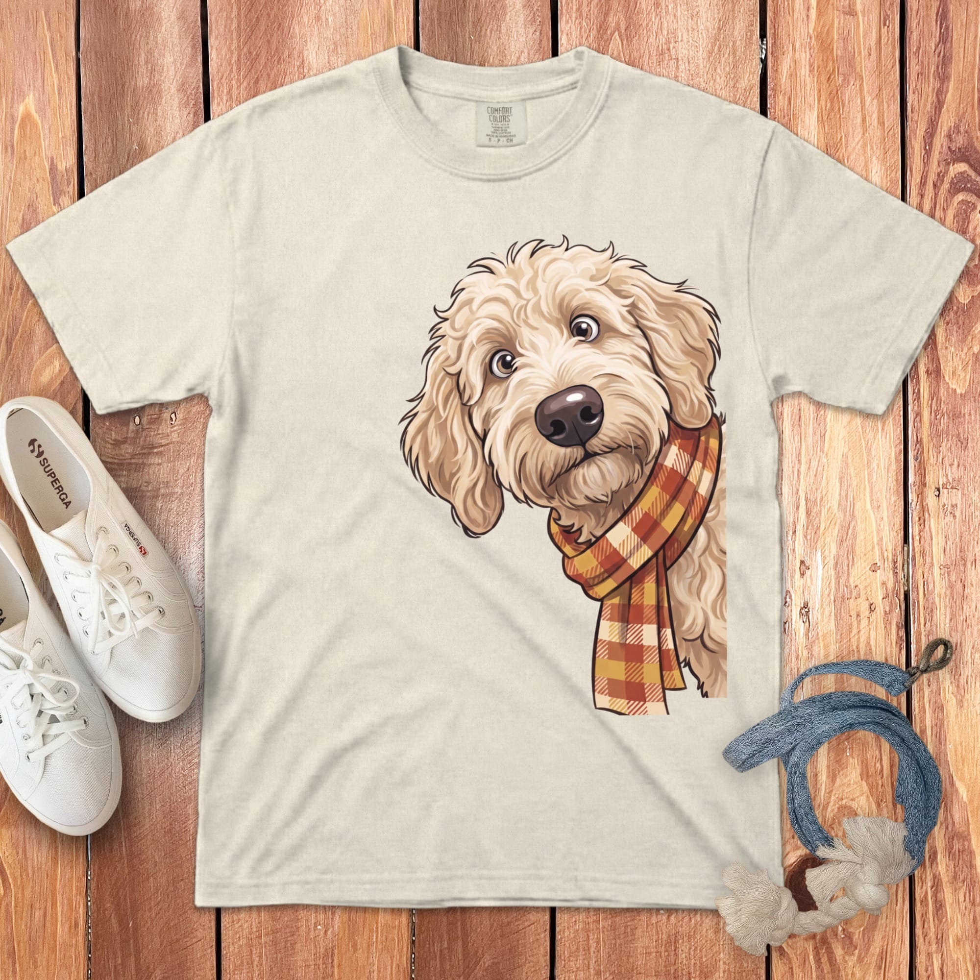 Fall Plaid Cream Goldendoodle Signature T-Shirt in Ivory / S / T-Shirts by Puppy Jo