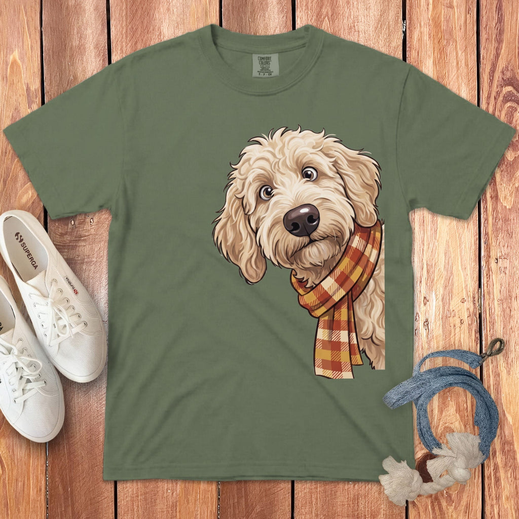 Fall Plaid Cream Goldendoodle Signature T-Shirt in Moss / S / T-Shirts by Puppy Jo