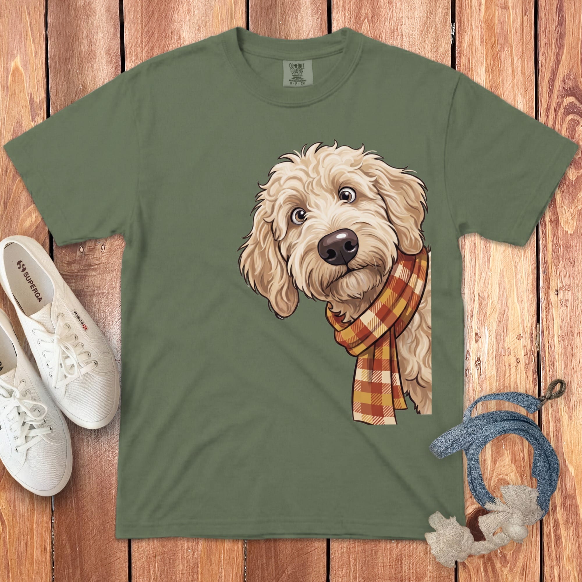 Fall Plaid Cream Goldendoodle Signature T-Shirt in Moss / S / T-Shirts by Puppy Jo