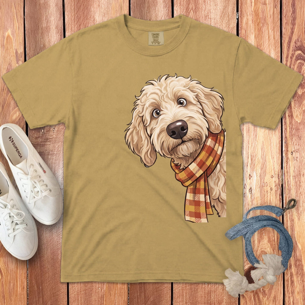 Fall Plaid Cream Goldendoodle Signature T-Shirt in Mustard / S / T-Shirts by Puppy Jo