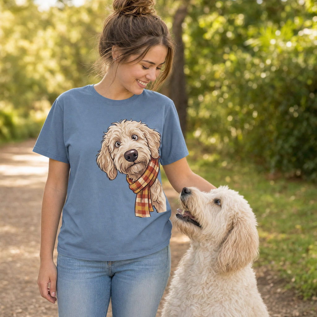 Fall Plaid Cream Goldendoodle Signature T-Shirt in by Puppy Jo