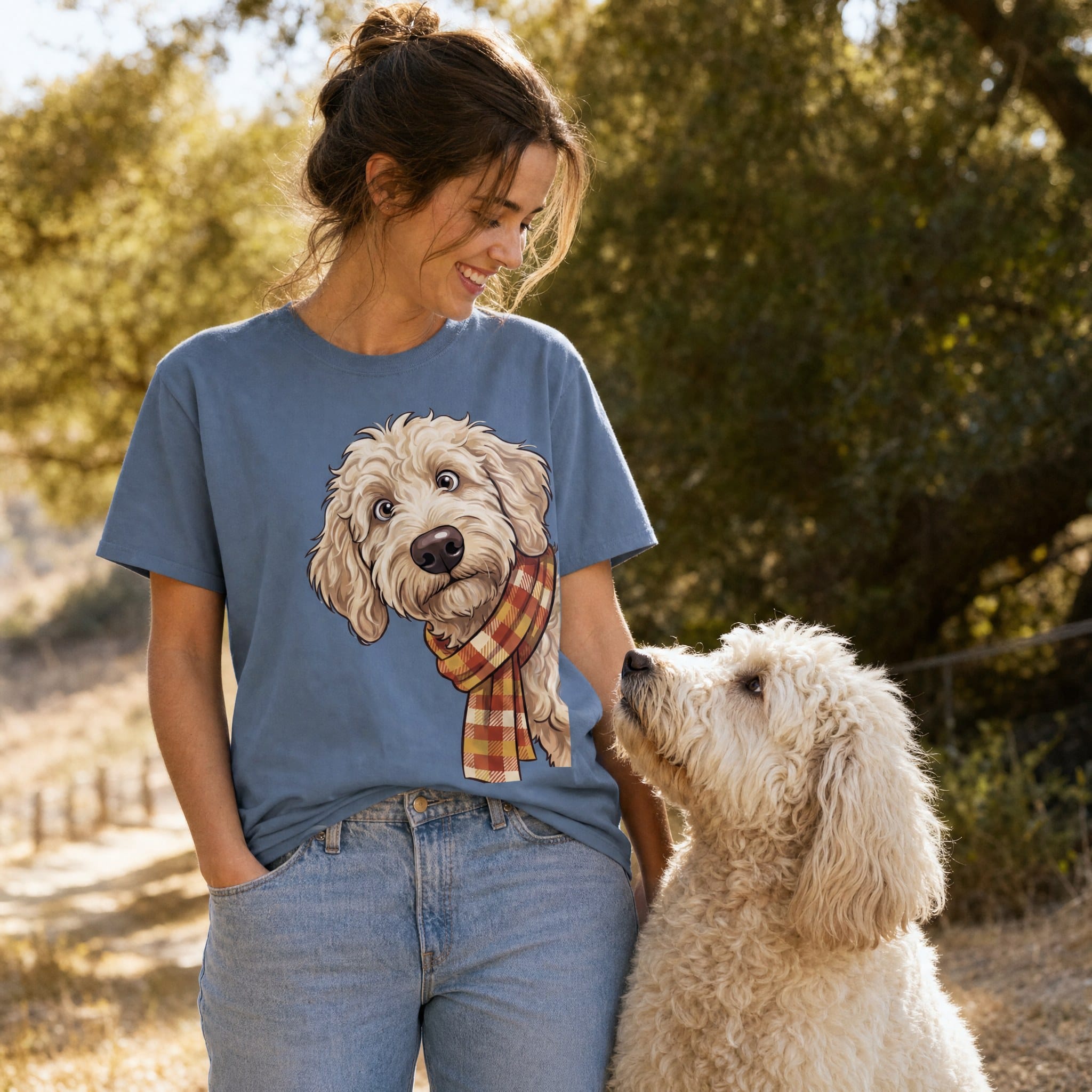 Fall Plaid Cream Goldendoodle Signature T-Shirt in by Puppy Jo