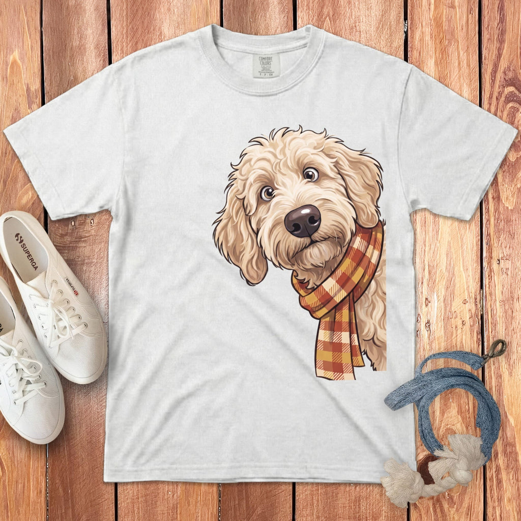 Fall Plaid Cream Goldendoodle Signature T-Shirt in White / S / T-Shirts by Puppy Jo