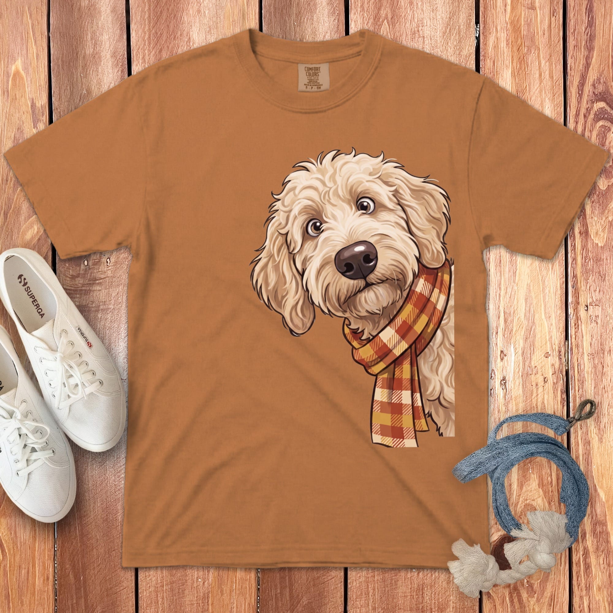 Fall Plaid Cream Goldendoodle Signature T-Shirt in Yam / S / T-Shirts by Puppy Jo