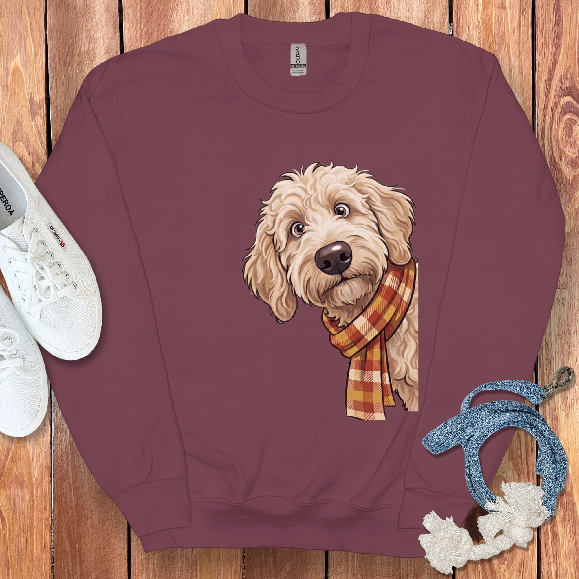 Fall Plaid Cream Goldendoodle Sweatshirt in Maroon / S by Puppy Jo