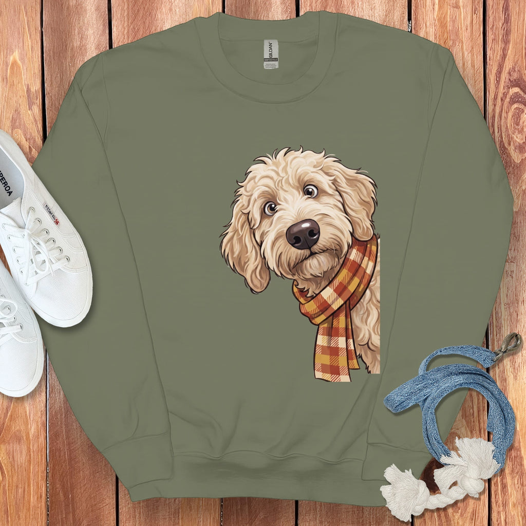 Fall Plaid Cream Goldendoodle Sweatshirt in Military Green / S by Puppy Jo