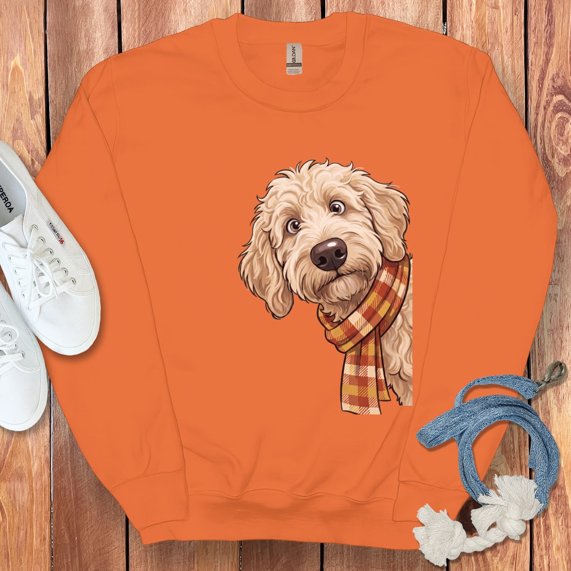 Fall Plaid Cream Goldendoodle Sweatshirt in Orange / M by Puppy Jo