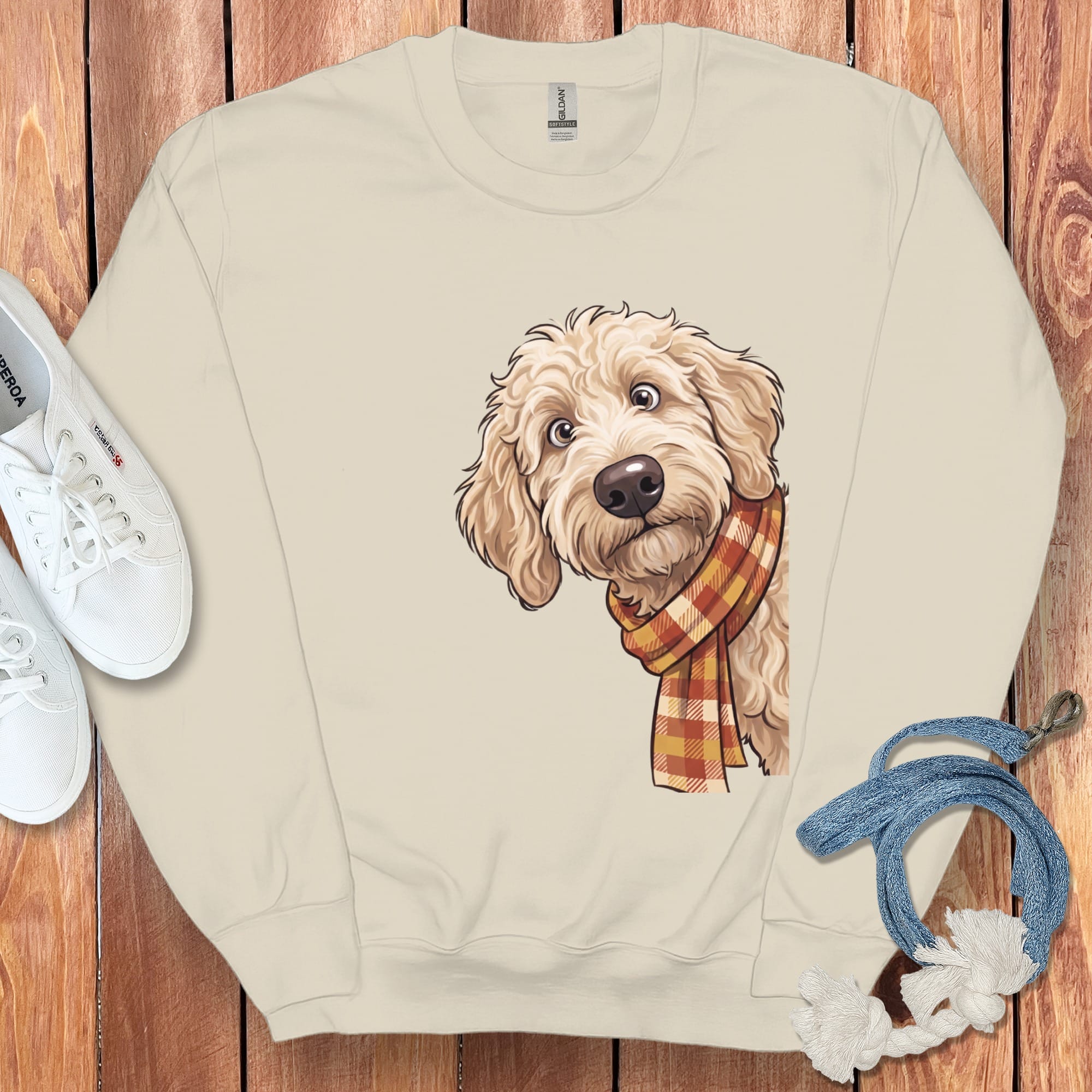 Fall Plaid Cream Goldendoodle Sweatshirt in Sand / S by Puppy Jo