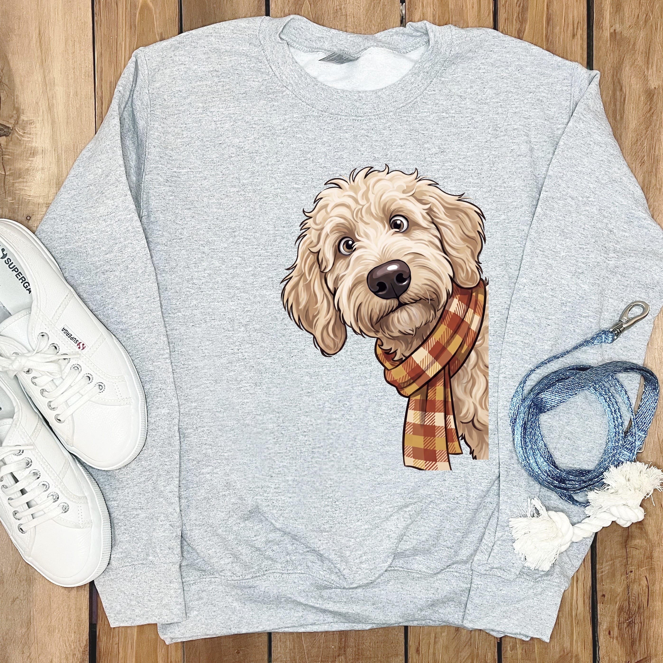 Fall Plaid Cream Goldendoodle Sweatshirt in Sport Grey / S by Puppy Jo