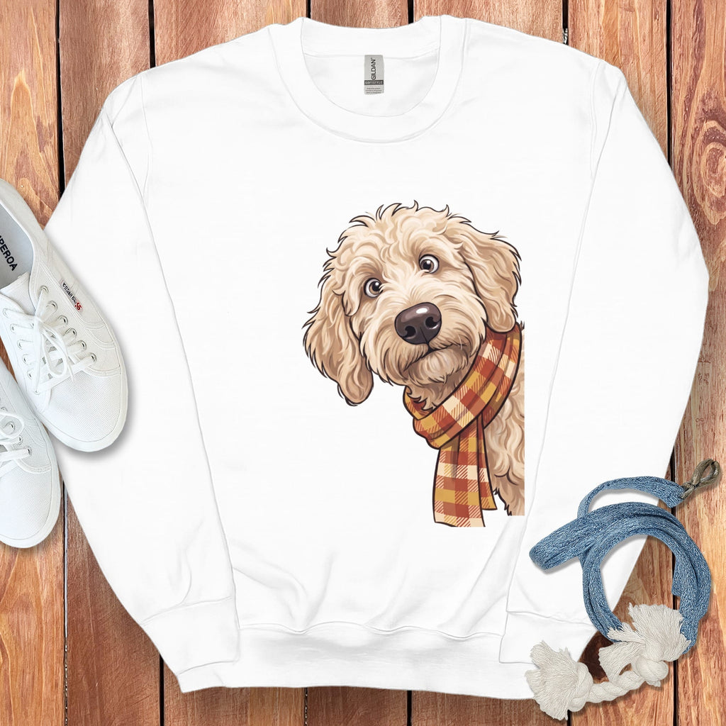 Fall Plaid Cream Goldendoodle Sweatshirt in White / S by Puppy Jo