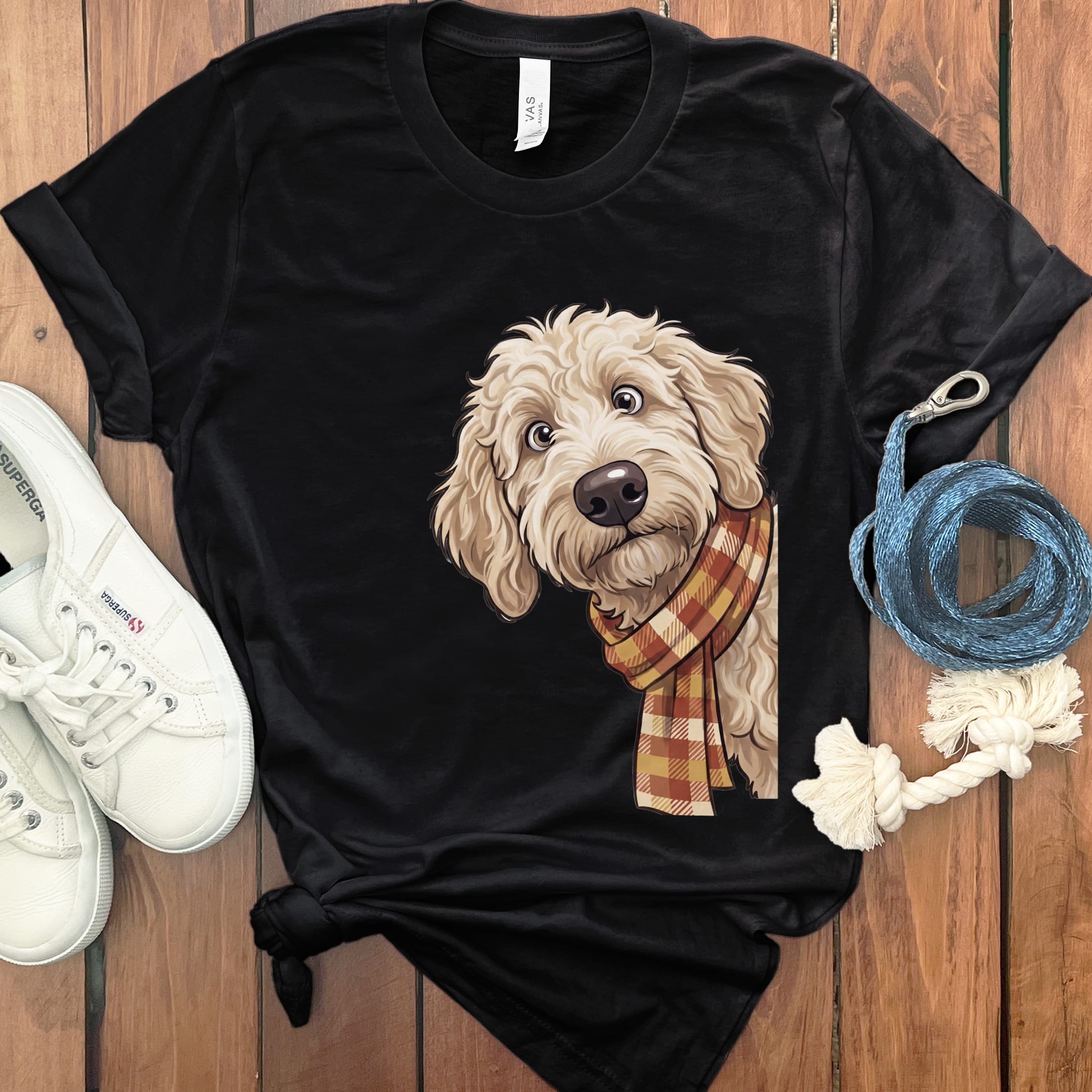 Fall Plaid Cream Goldendoodle T-Shirt in Black / S by Puppy Jo