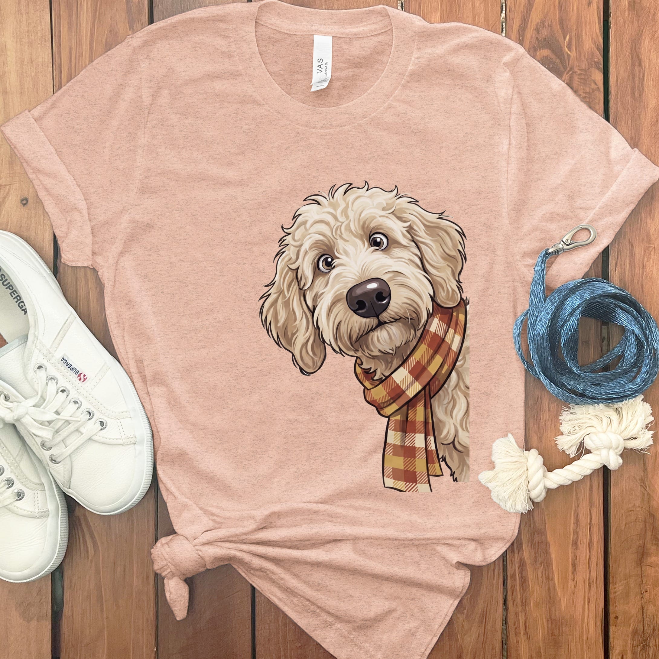 Fall Plaid Cream Goldendoodle T-Shirt in Heather Peach / S by Puppy Jo