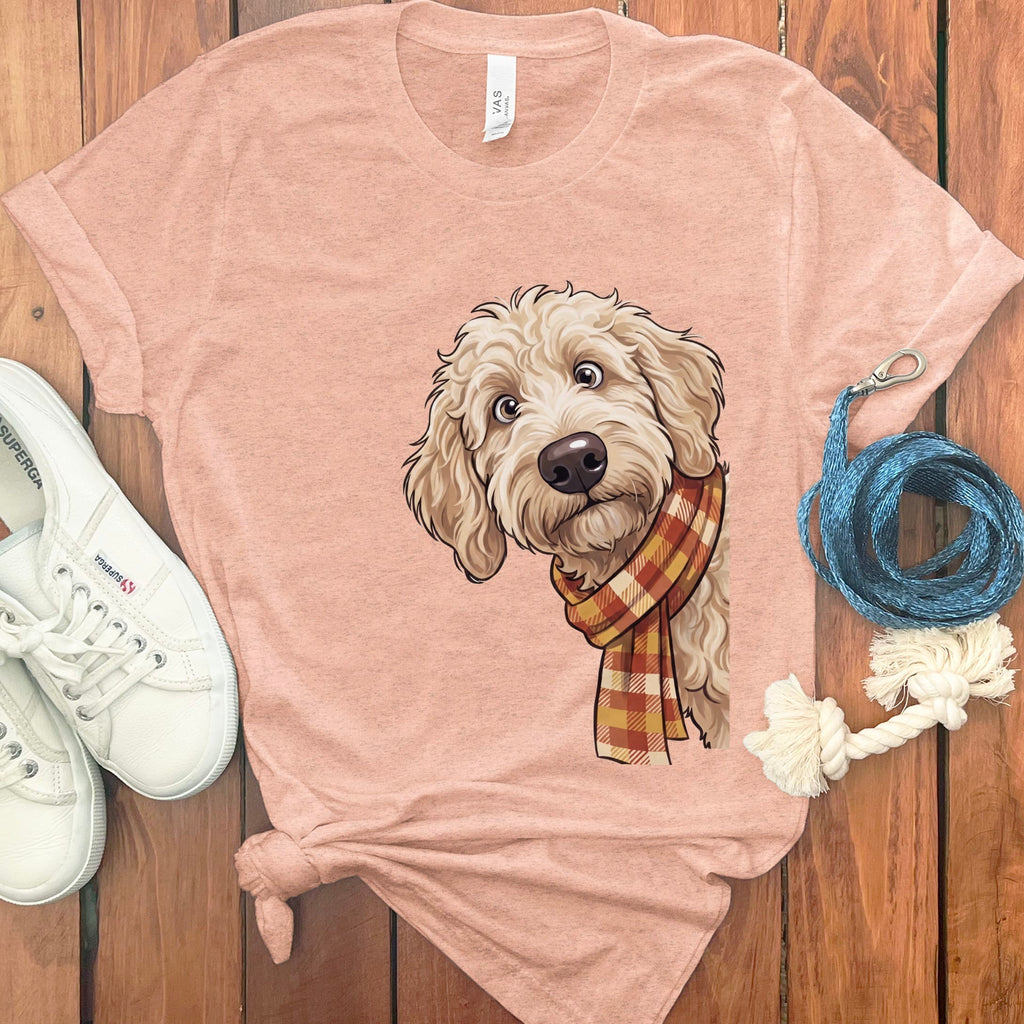 Fall Plaid Cream Goldendoodle T-Shirt in Heather Peach / S by Puppy Jo