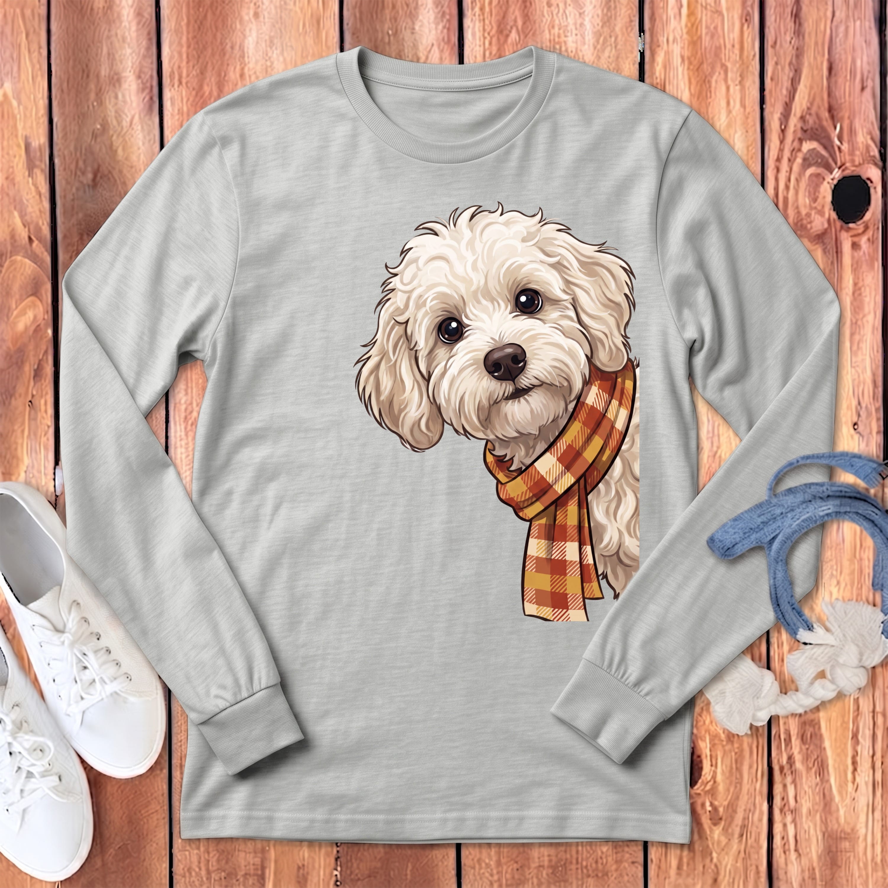Fall Plaid Maltipoo Long Sleeve T-Shirt in Athletic Heather / S by Puppy Jo