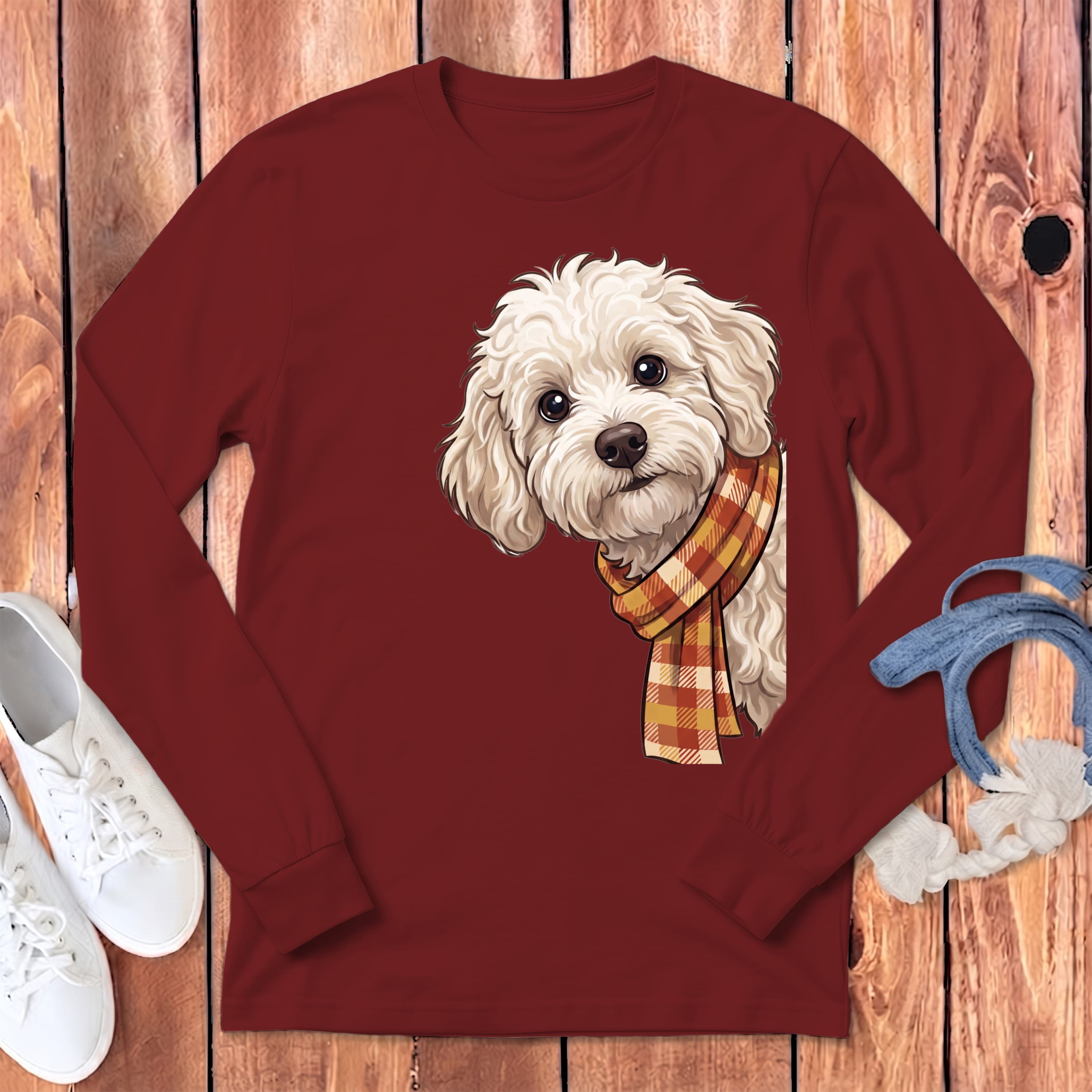 Fall Plaid Maltipoo Long Sleeve T-Shirt in Cardinal / S by Puppy Jo