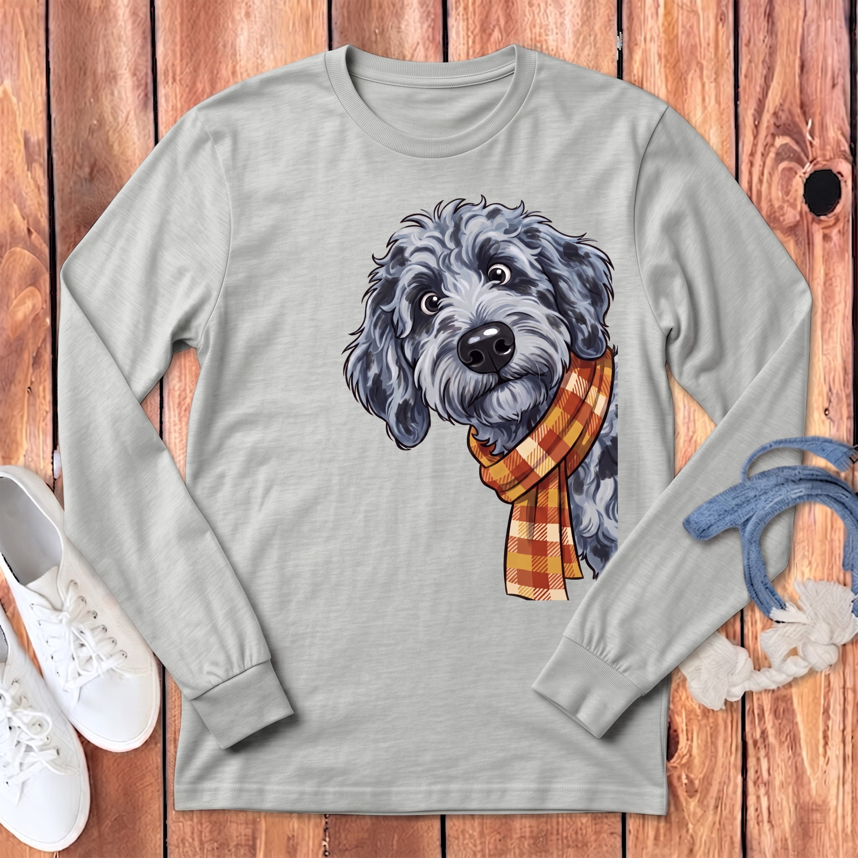 Fall Plaid Merle Goldendoodle Long Sleeve T-Shirt in Athletic Heather / S by Puppy Jo