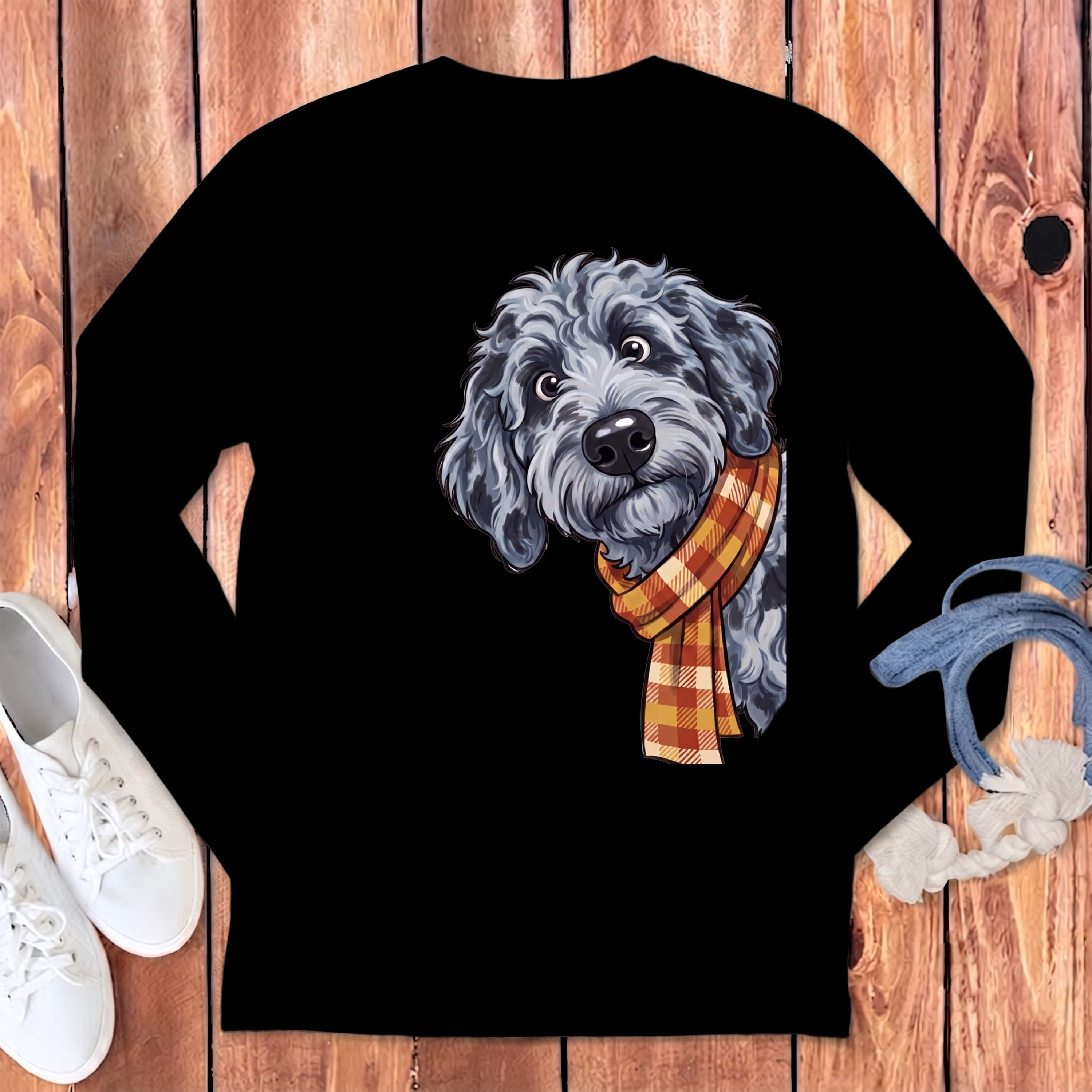 Fall Plaid Merle Goldendoodle Long Sleeve T-Shirt in Black / S by Puppy Jo