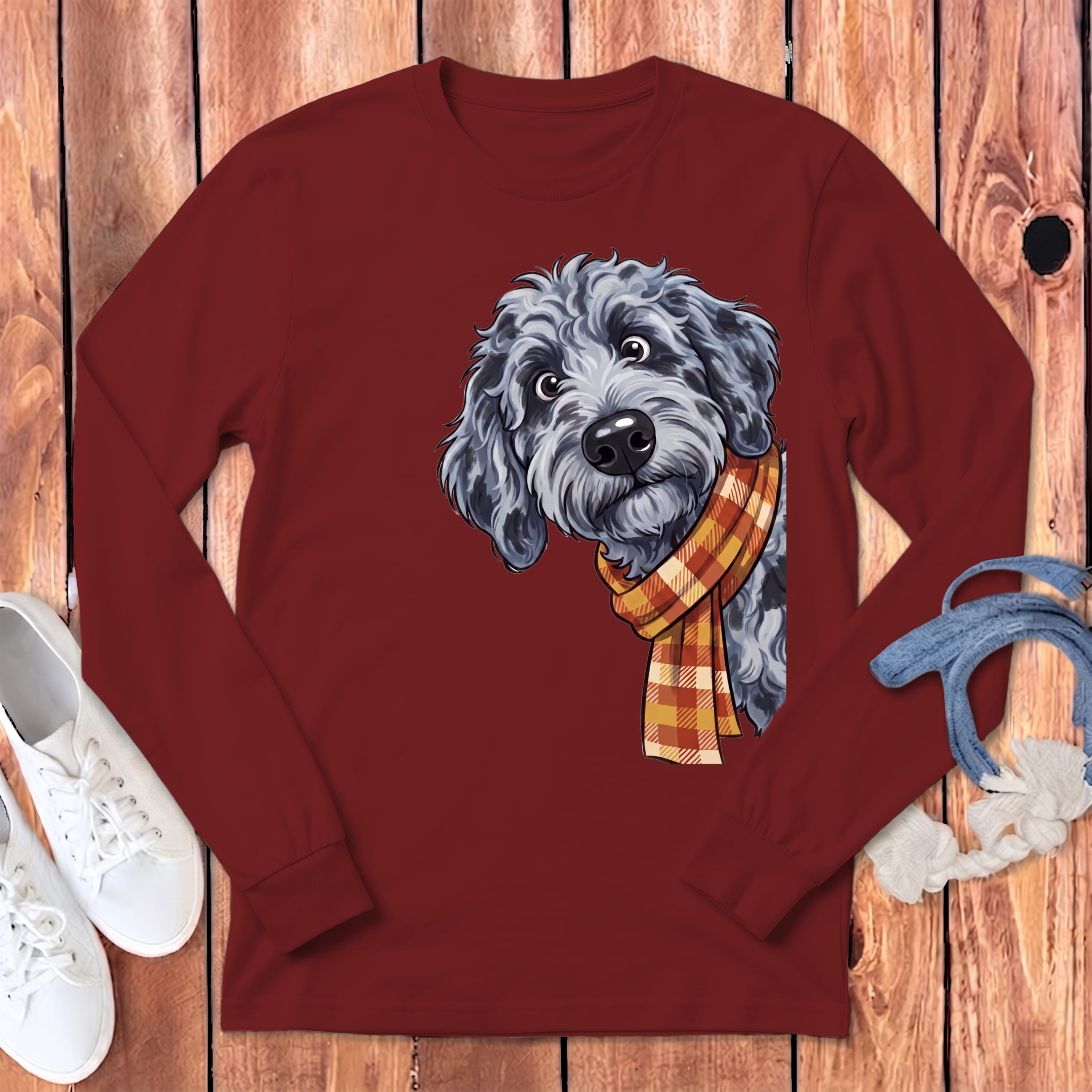 Fall Plaid Merle Goldendoodle Long Sleeve T-Shirt in Cardinal / S by Puppy Jo