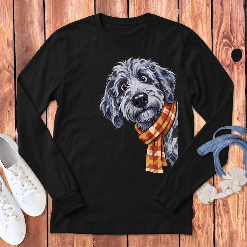 Fall Plaid Merle Goldendoodle Long Sleeve T-Shirt in Dark Grey Heather / S by Puppy Jo