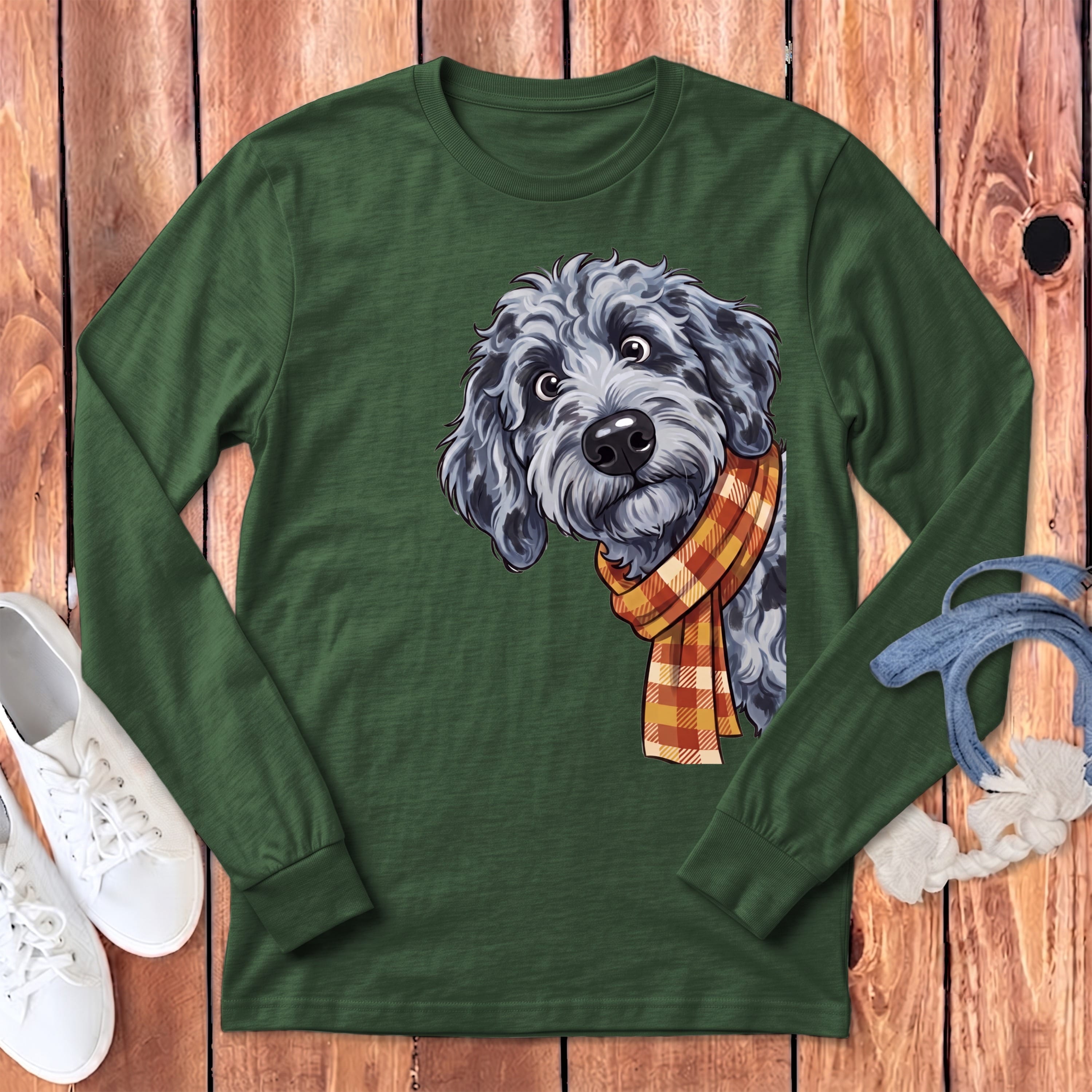 Fall Plaid Merle Goldendoodle Long Sleeve T-Shirt in Heather Forest / S by Puppy Jo