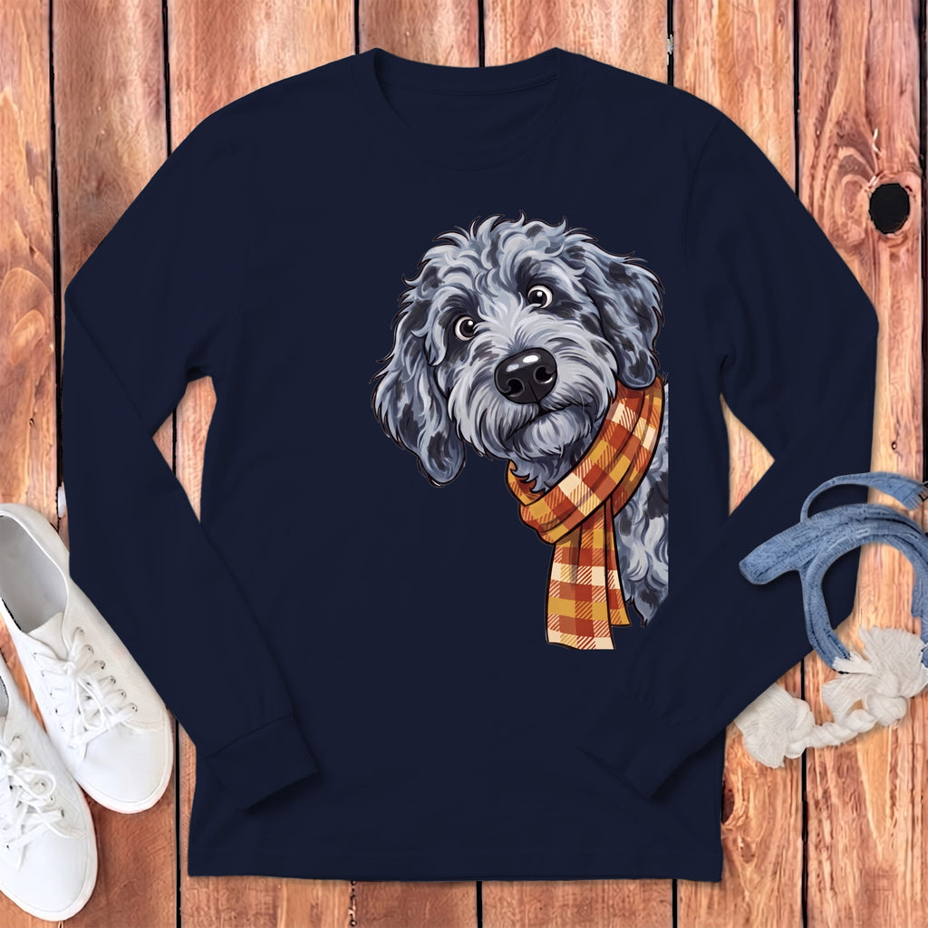 Fall Plaid Merle Goldendoodle Long Sleeve T-Shirt in Navy / S by Puppy Jo