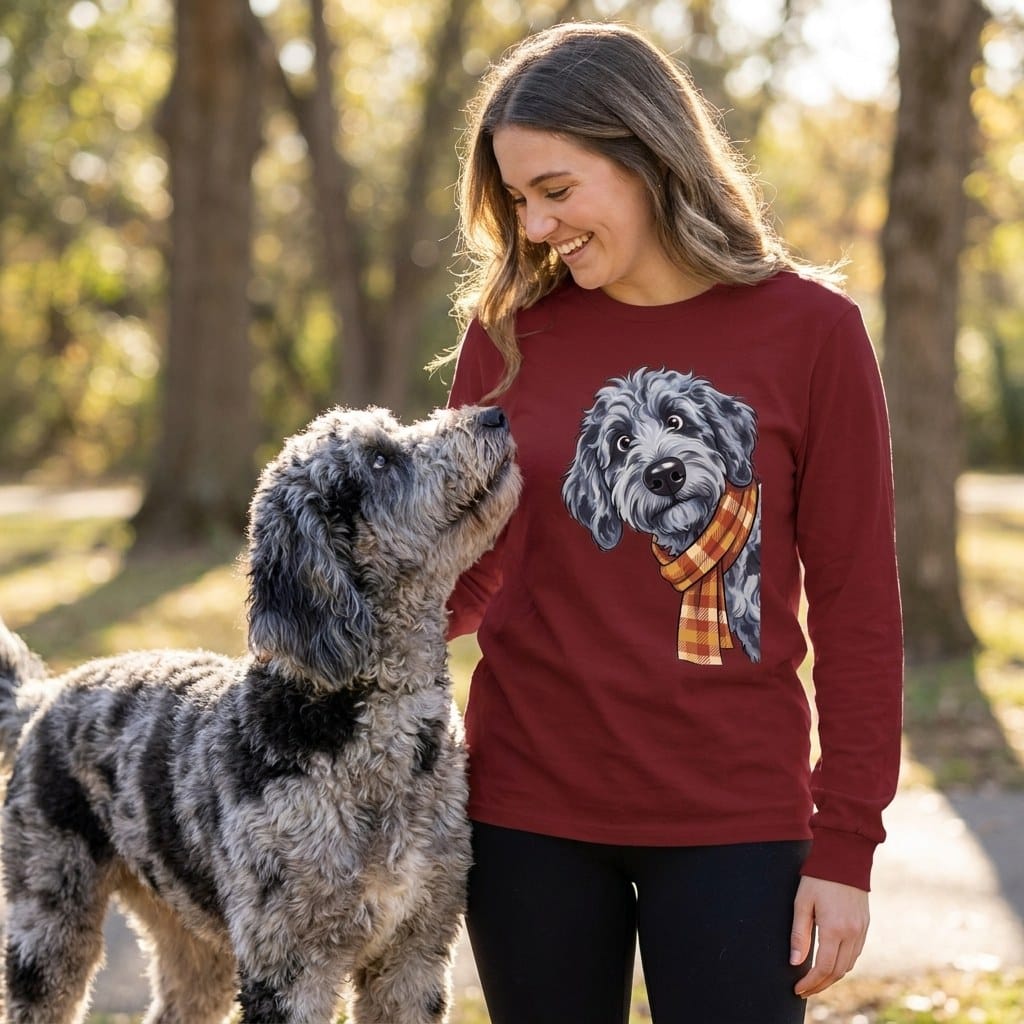 Fall Plaid Merle Goldendoodle Long Sleeve T-Shirt in by Puppy Jo