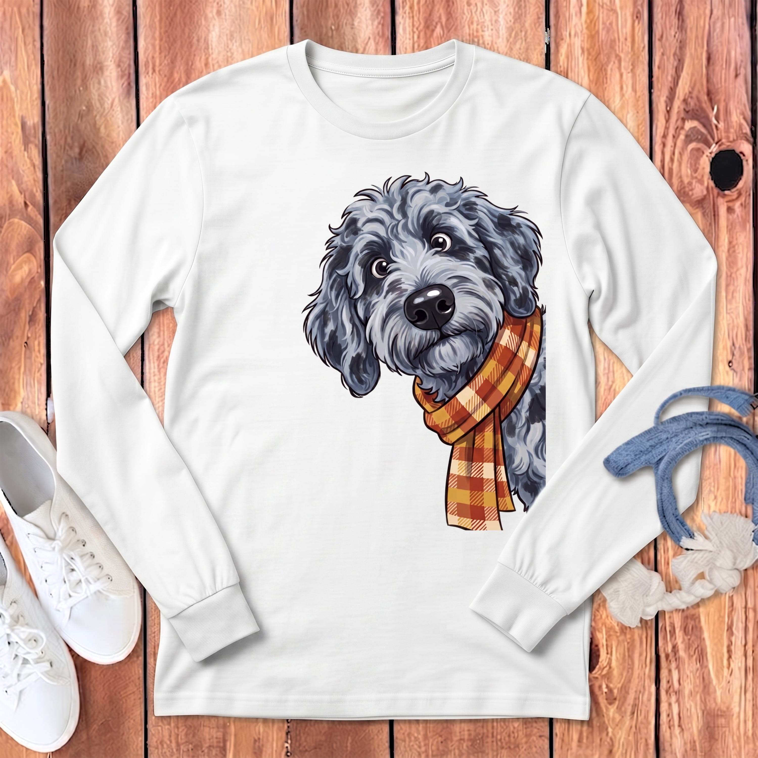 Fall Plaid Merle Goldendoodle Long Sleeve T-Shirt in White / S by Puppy Jo