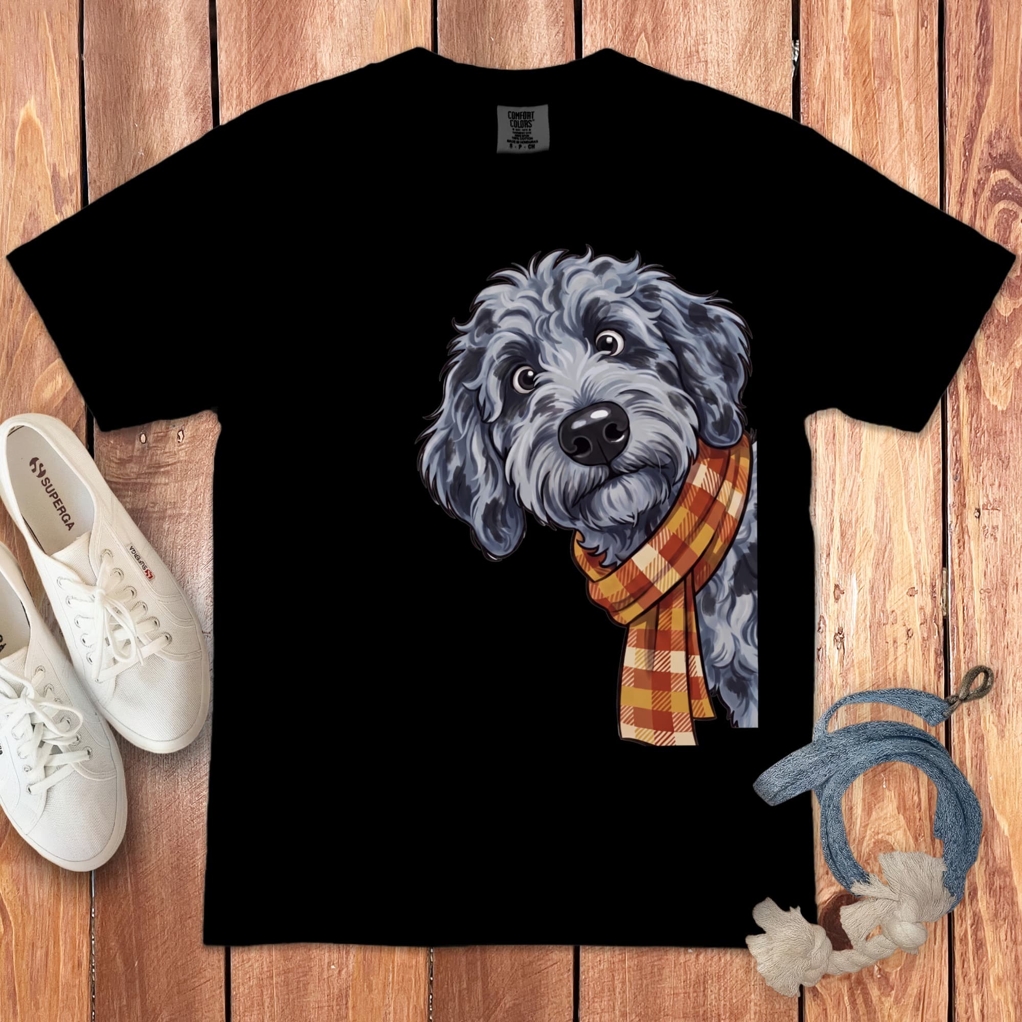 Fall Plaid Merle Goldendoodle Signature T-Shirt in Black / S / T-Shirts by Puppy Jo