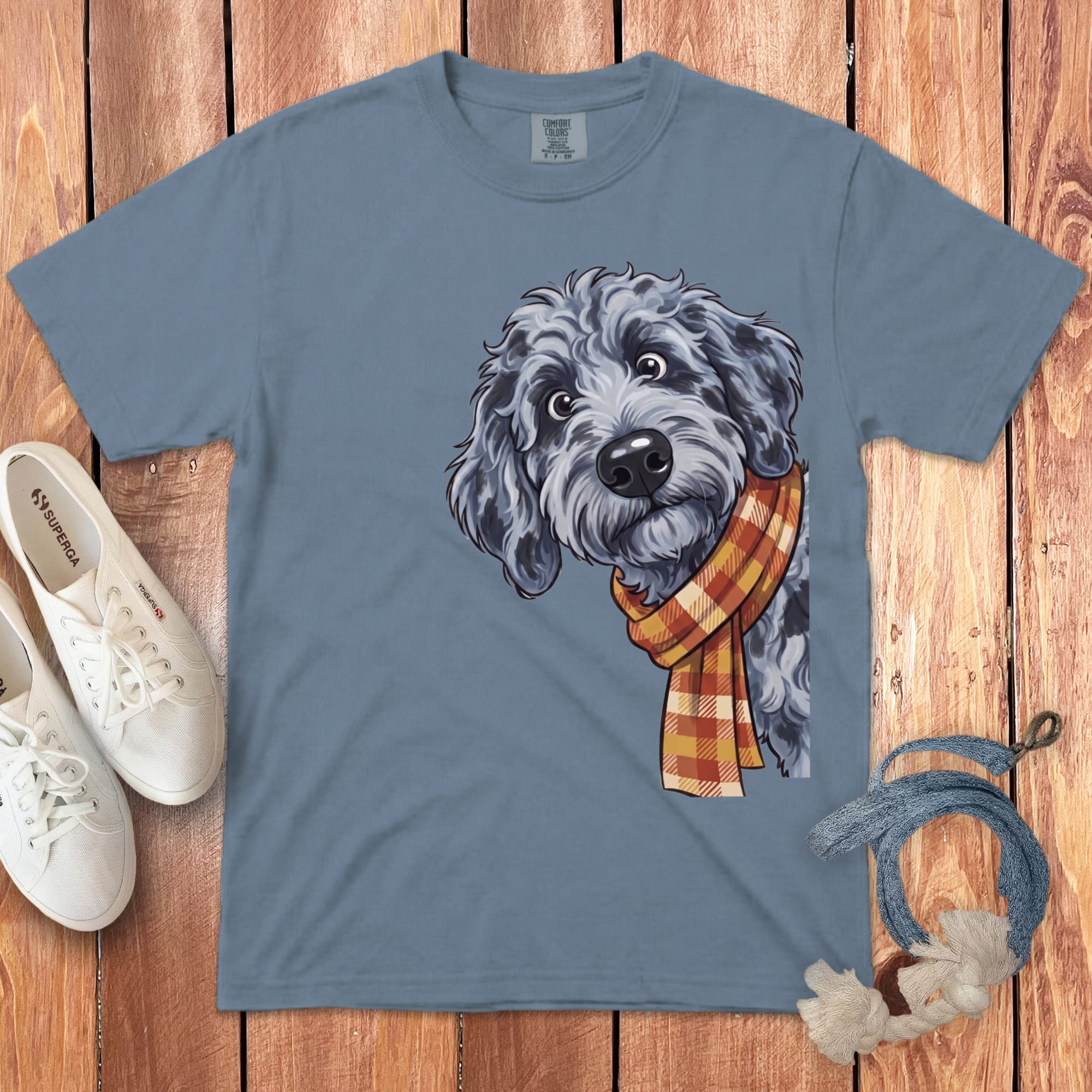Fall Plaid Merle Goldendoodle Signature T-Shirt in Blue Jean / S / T-Shirts by Puppy Jo