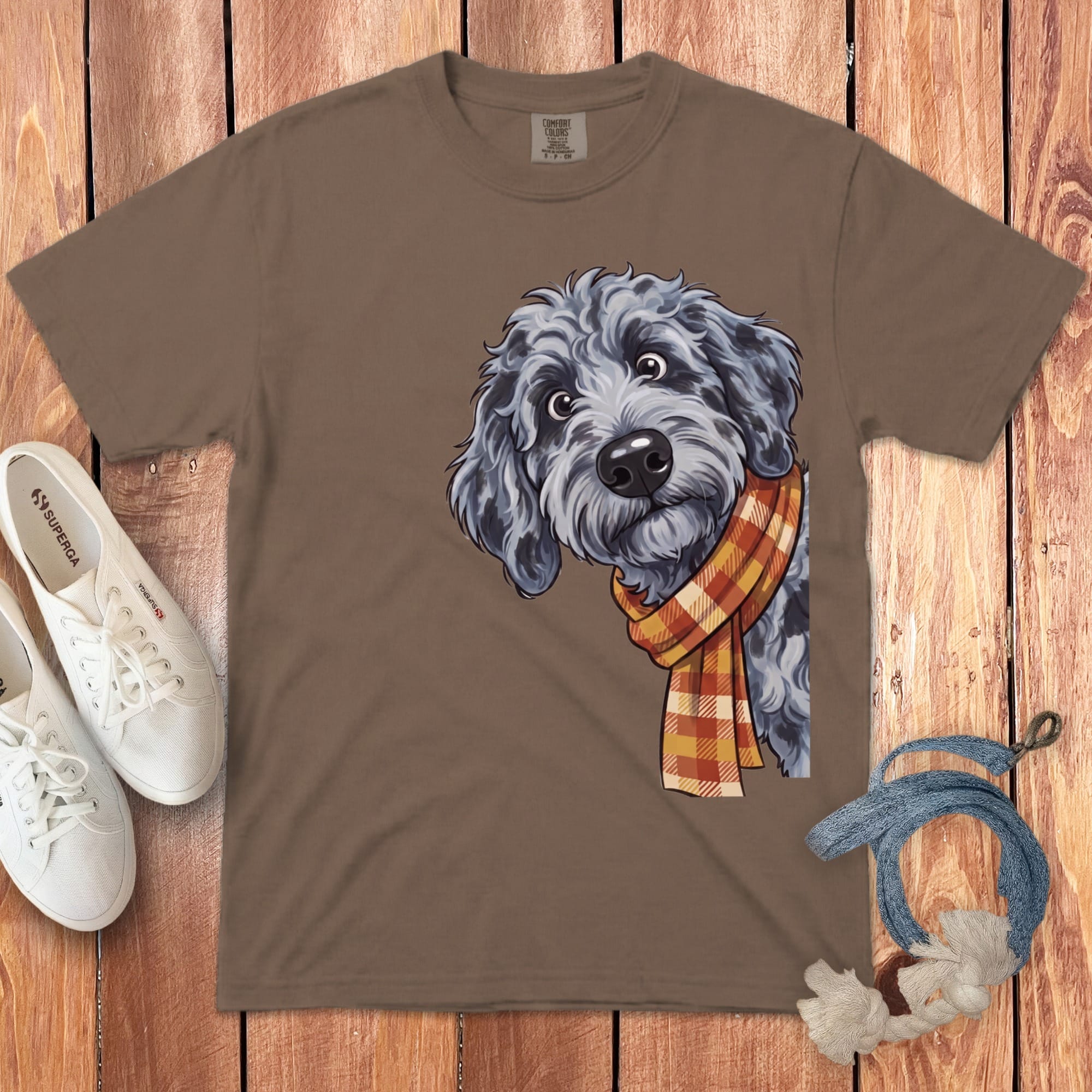 Fall Plaid Merle Goldendoodle Signature T-Shirt in Espresso / S / T-Shirts by Puppy Jo