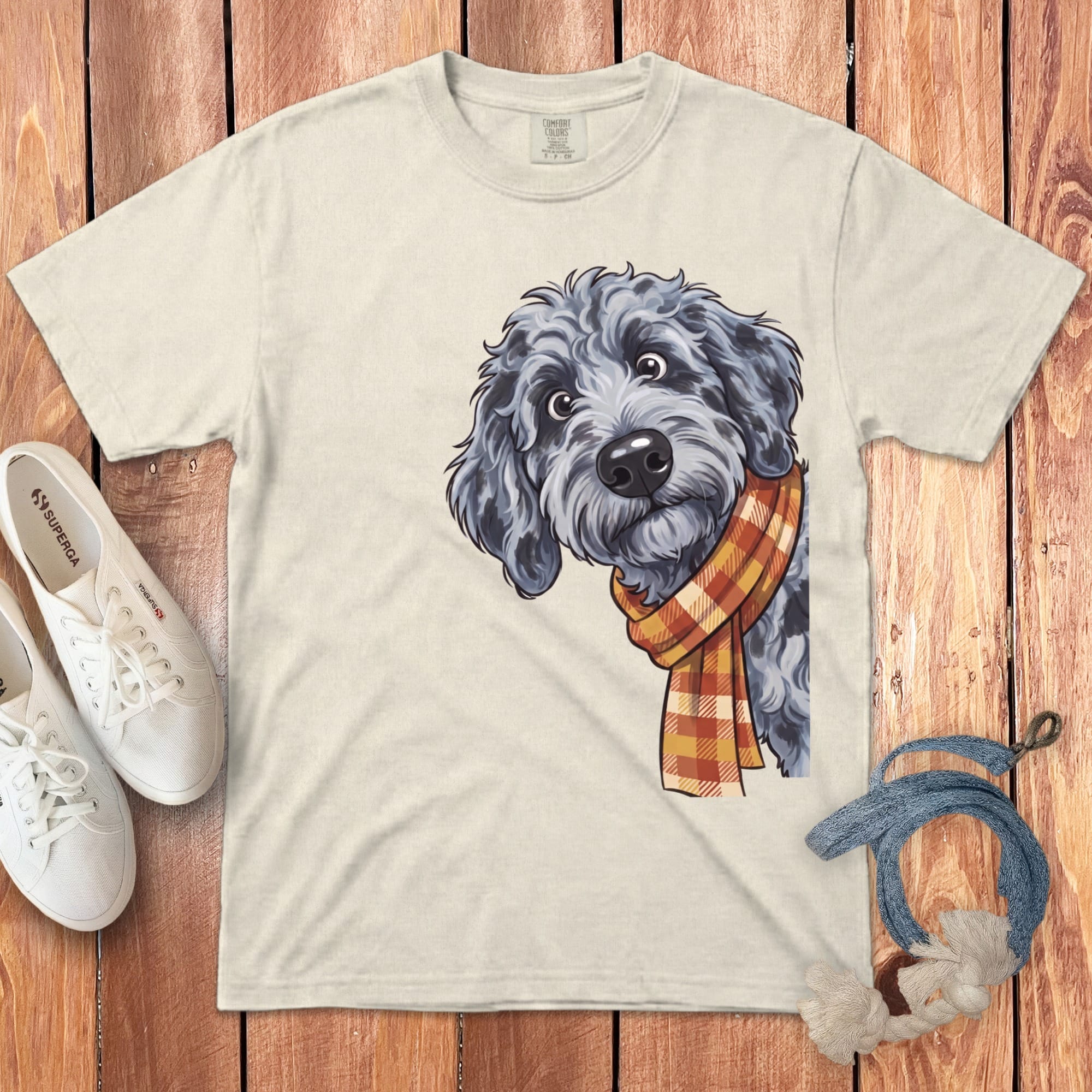 Fall Plaid Merle Goldendoodle Signature T-Shirt in Ivory / S / T-Shirts by Puppy Jo