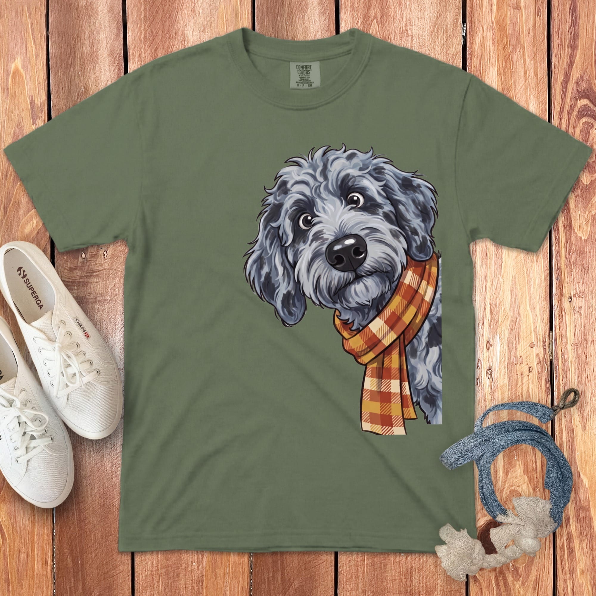 Fall Plaid Merle Goldendoodle Signature T-Shirt in Moss / S / T-Shirts by Puppy Jo