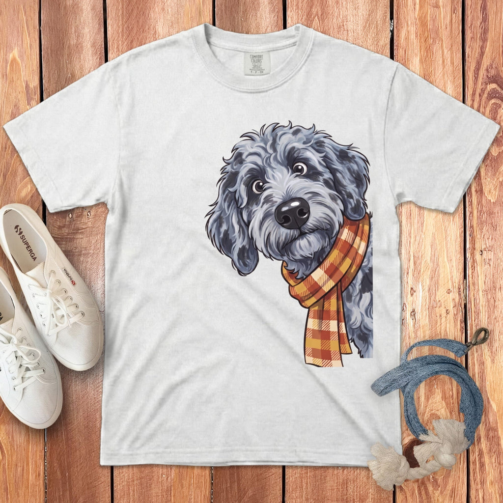 Fall Plaid Merle Goldendoodle Signature T-Shirt in White / S / T-Shirts by Puppy Jo