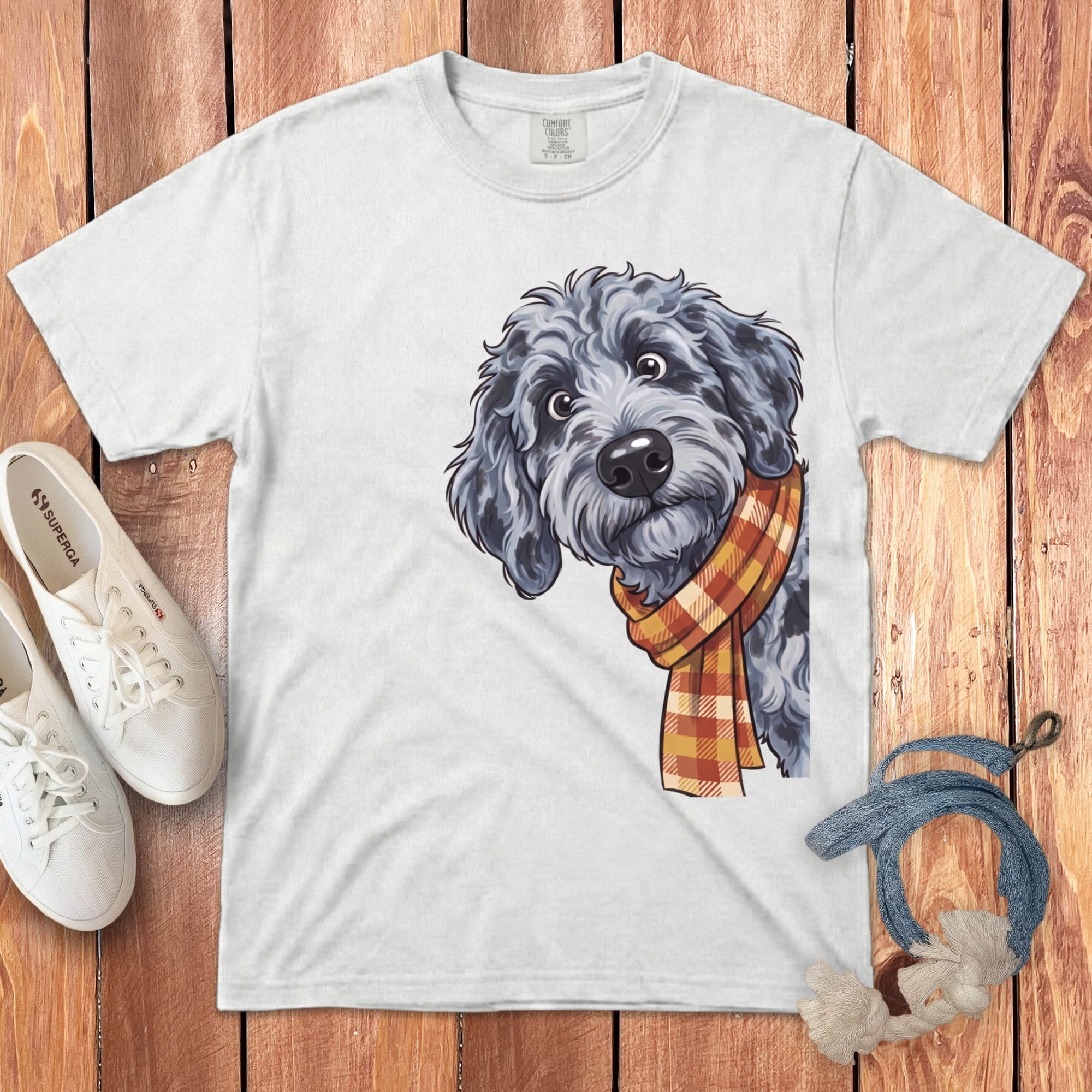 Fall Plaid Merle Goldendoodle Signature T-Shirt in White / S / T-Shirts by Puppy Jo