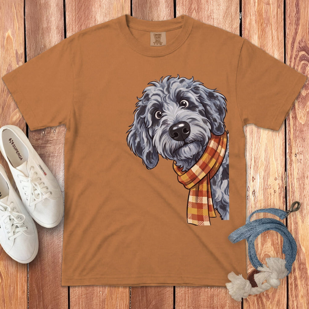 Fall Plaid Merle Goldendoodle Signature T-Shirt in Yam / S / T-Shirts by Puppy Jo