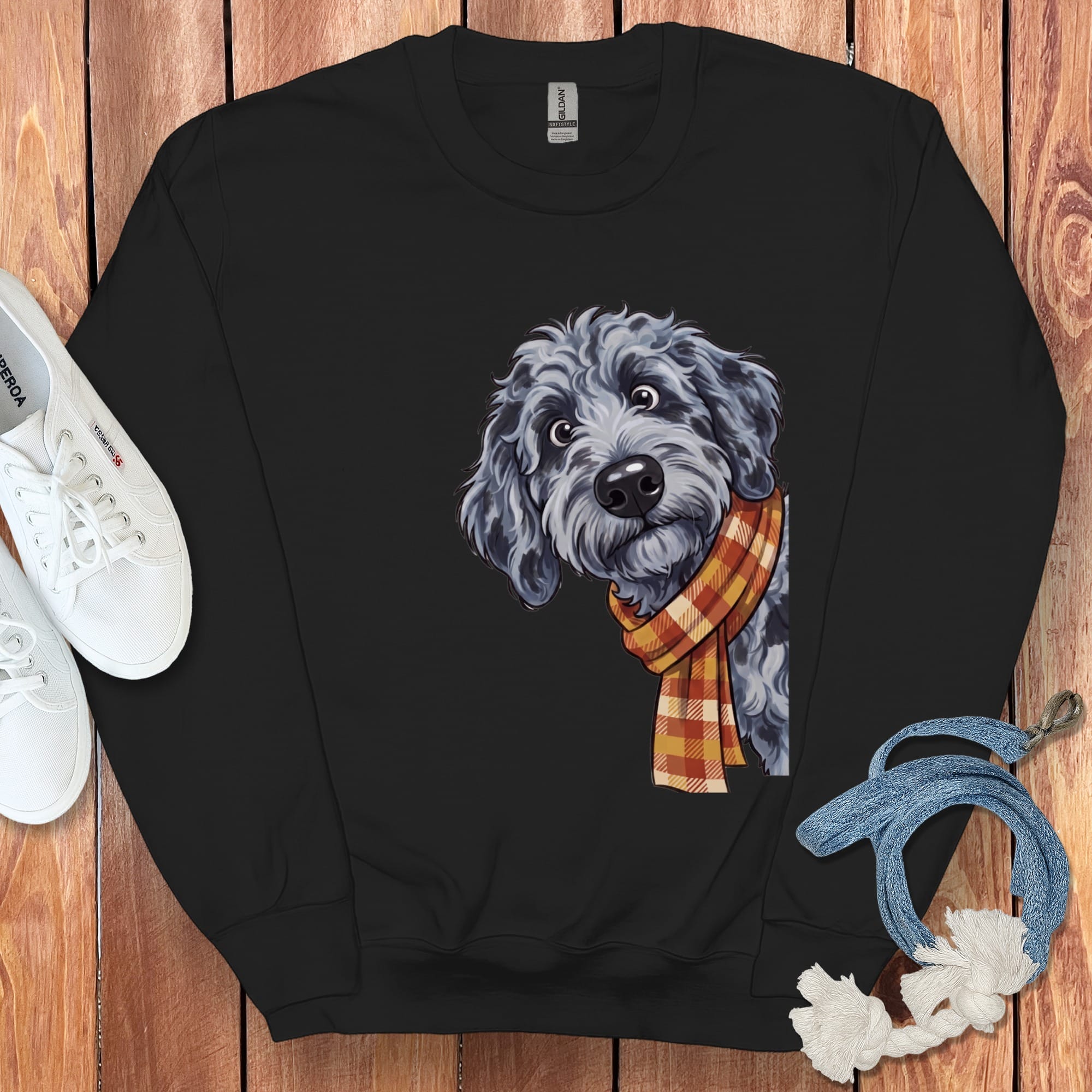Fall Plaid Merle Goldendoodle Sweatshirt in Black / S by Puppy Jo