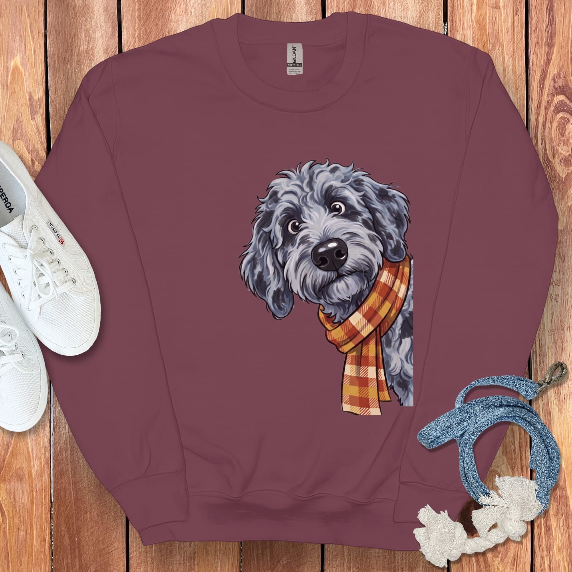 Fall Plaid Merle Goldendoodle Sweatshirt in Maroon / S by Puppy Jo