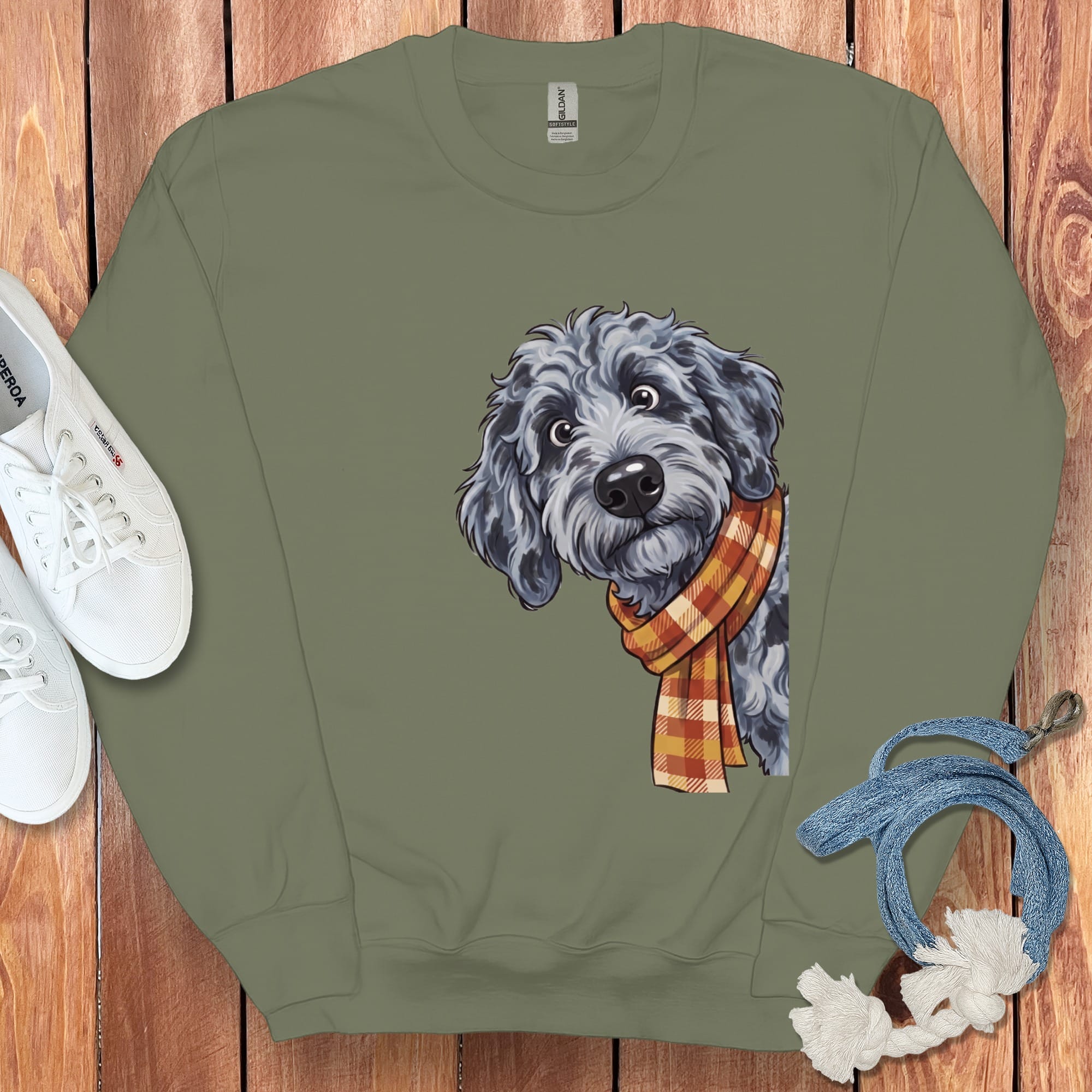 Fall Plaid Merle Goldendoodle Sweatshirt in Military Green / S by Puppy Jo