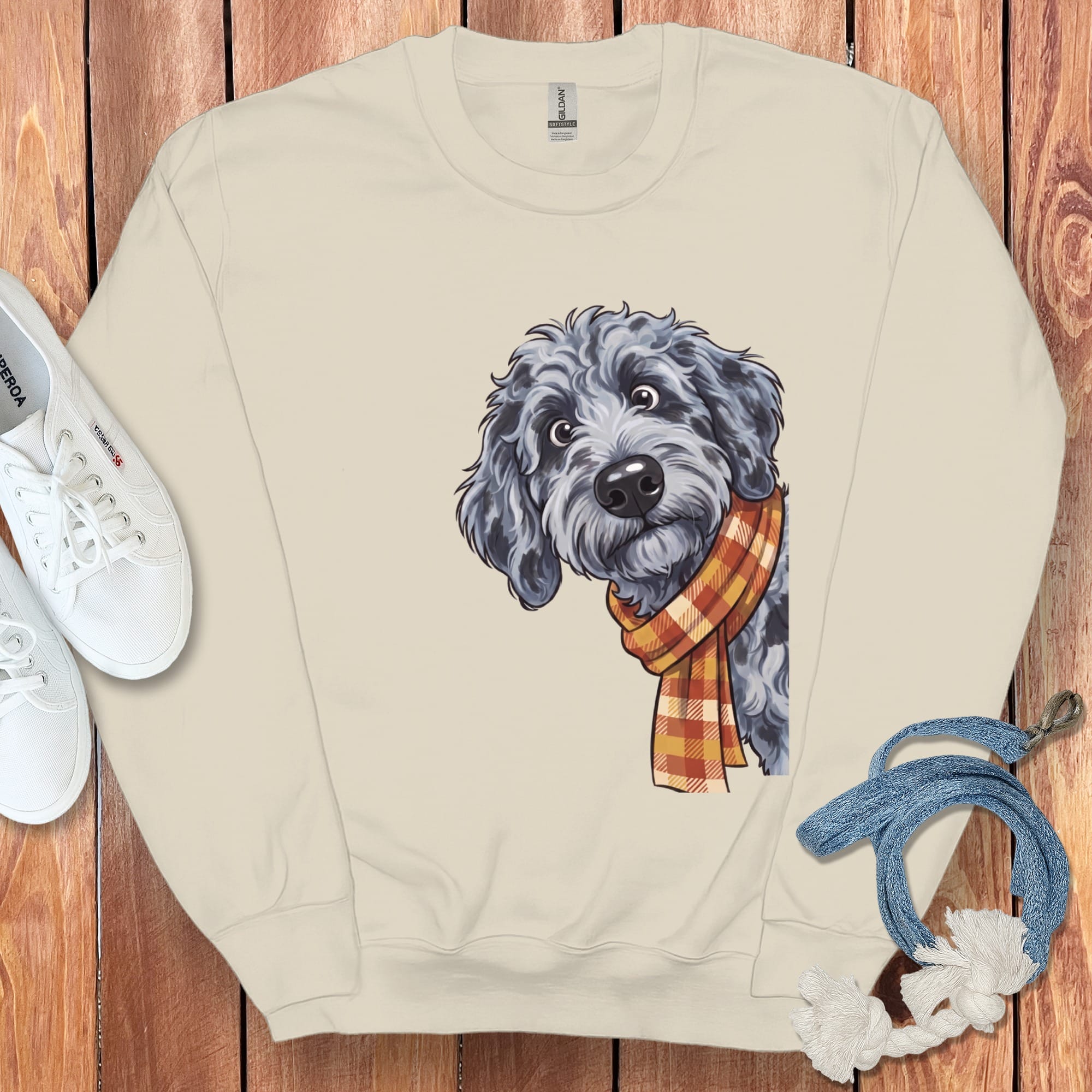 Fall Plaid Merle Goldendoodle Sweatshirt in Sand / S by Puppy Jo