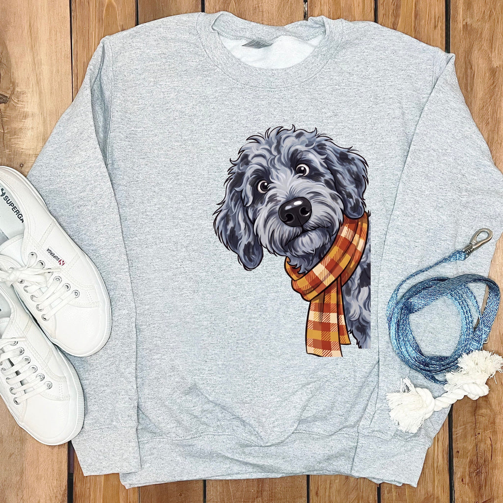 Fall Plaid Merle Goldendoodle Sweatshirt in Sport Grey / S by Puppy Jo