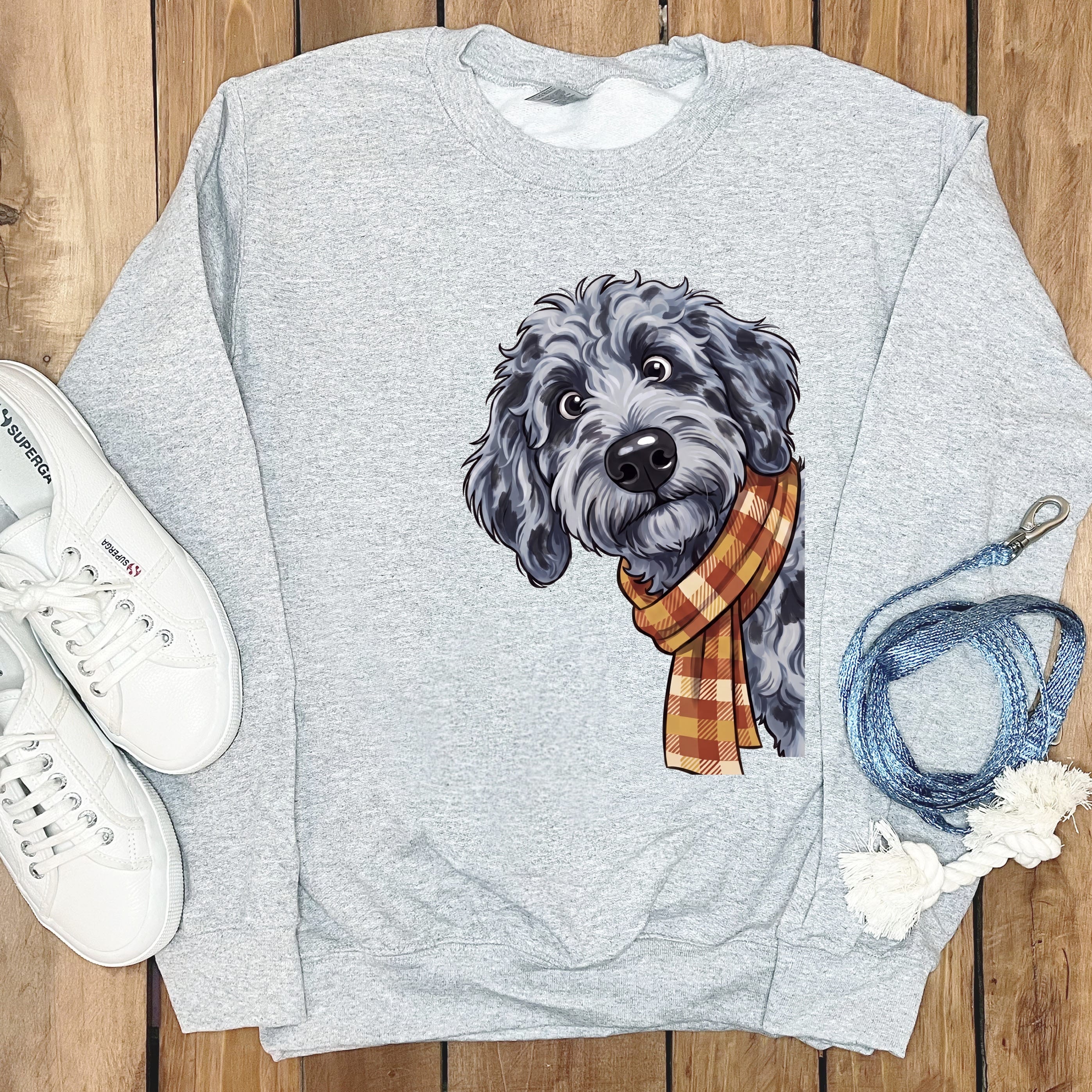 Fall Plaid Merle Goldendoodle Sweatshirt in Sport Grey / S by Puppy Jo