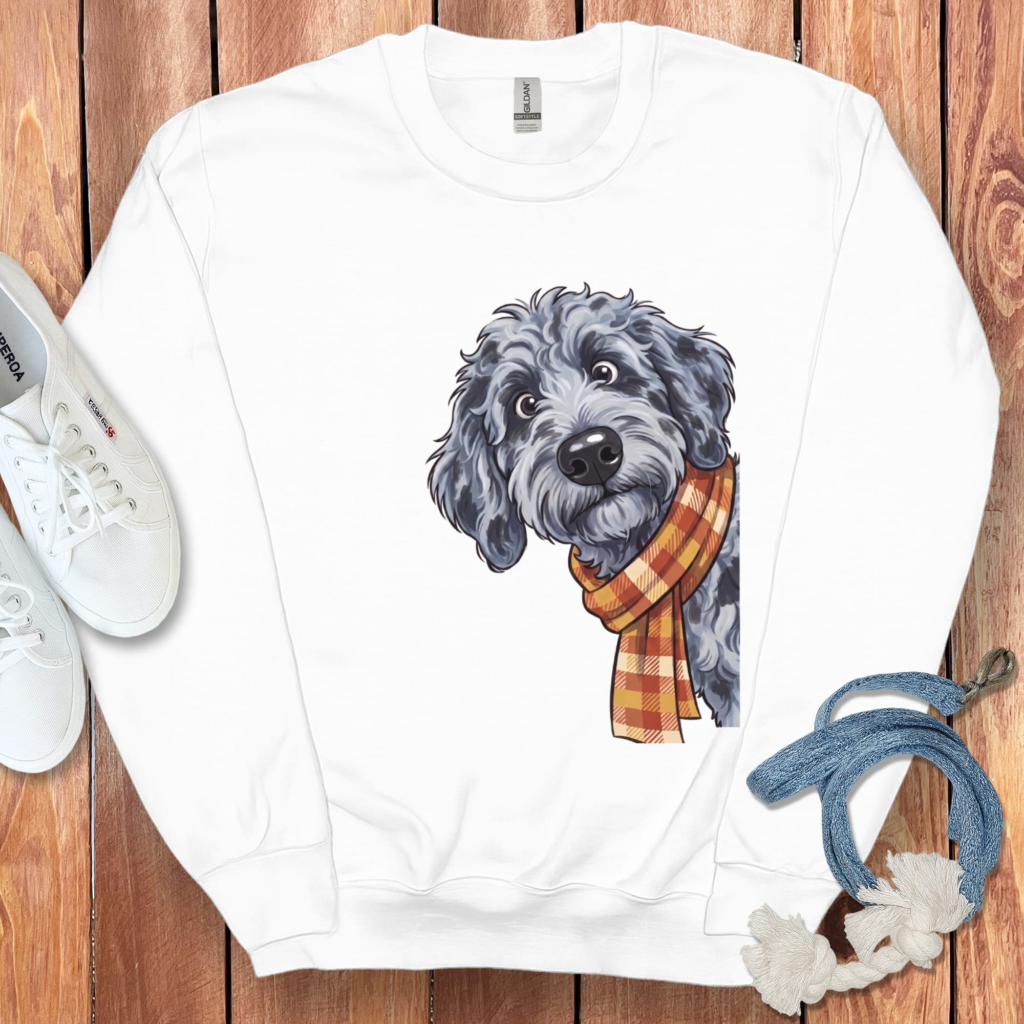Fall Plaid Merle Goldendoodle Sweatshirt in White / S by Puppy Jo