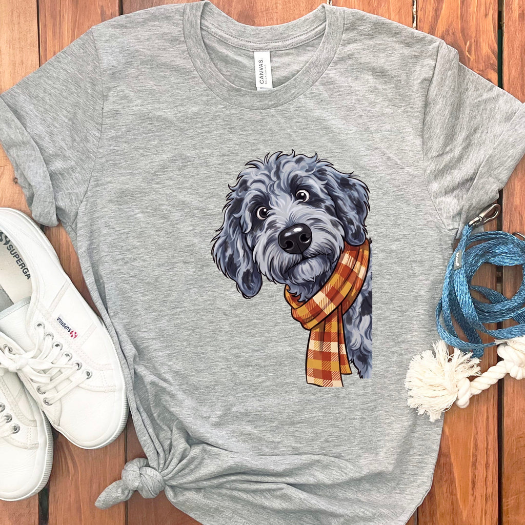Fall Plaid Merle Goldendoodle T-Shirt in Athletic Heather / S by Puppy Jo