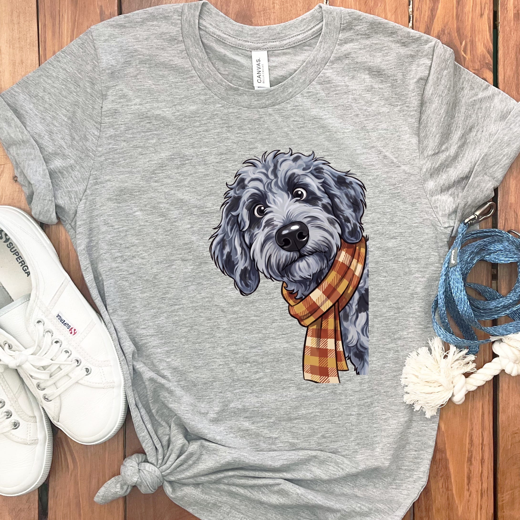 Fall Plaid Merle Goldendoodle T-Shirt in Athletic Heather / S by Puppy Jo