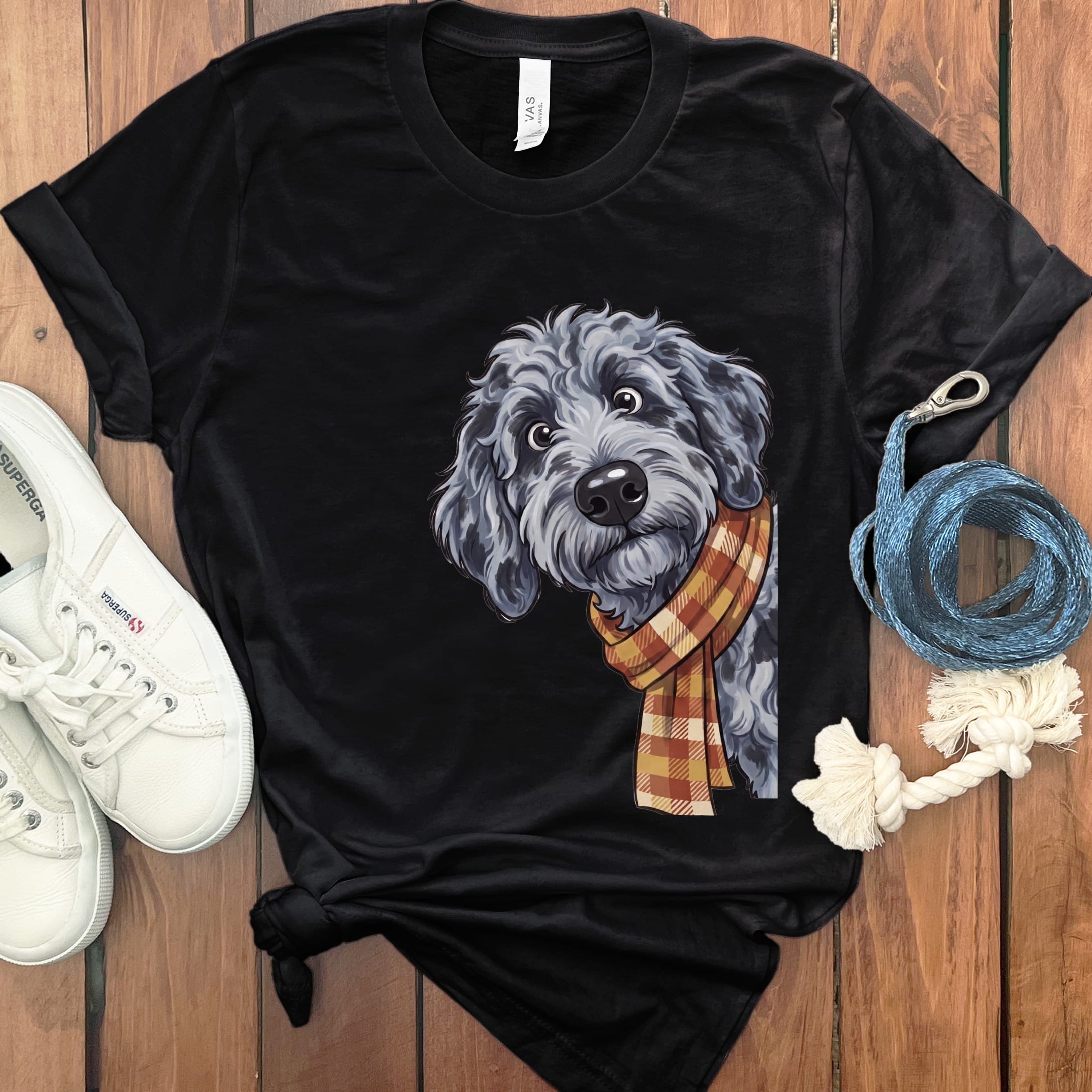 Fall Plaid Merle Goldendoodle T-Shirt in Black / S by Puppy Jo